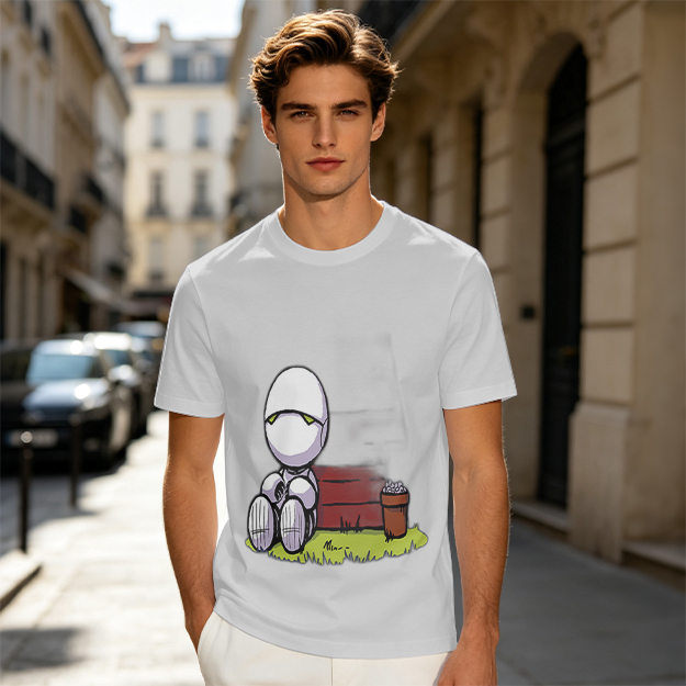 Olive T-Shirt With Sad Sitting Robot Graphic Print