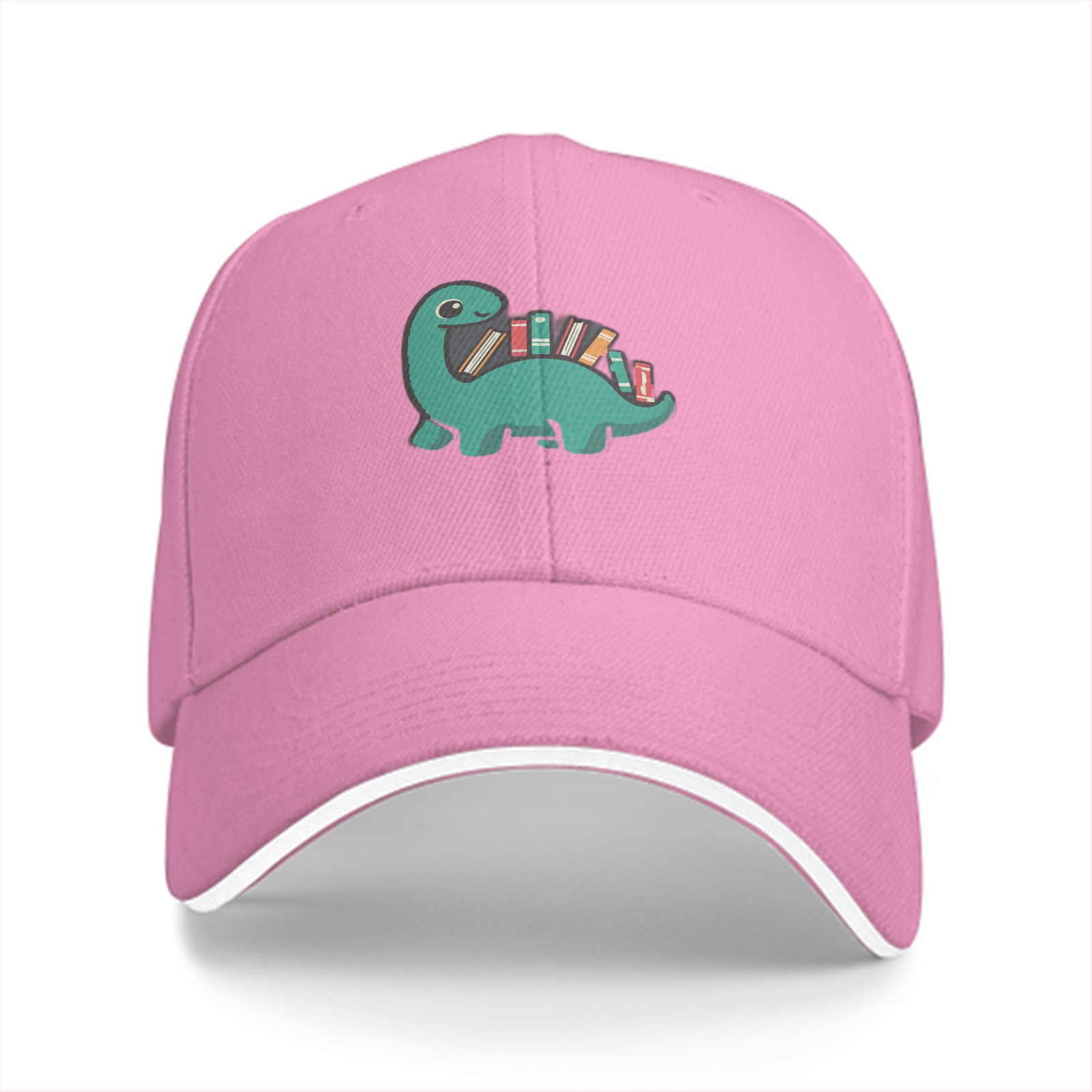 Black baseball cap with cute dinosaur carrying books graphic