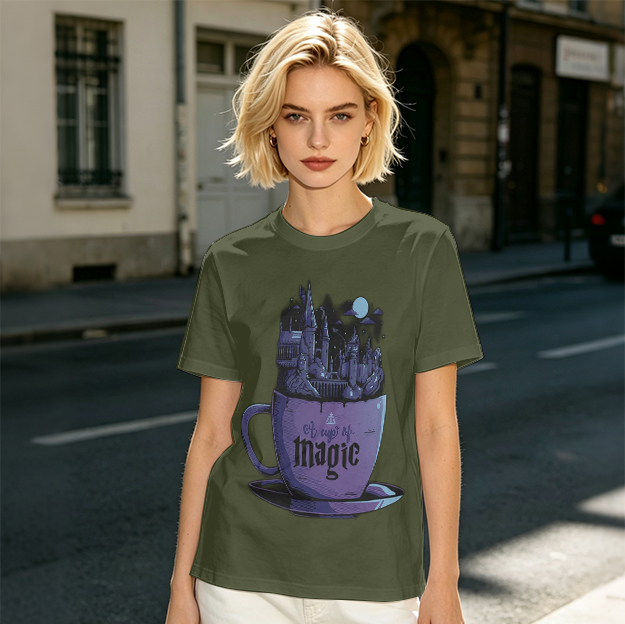 Olive T-Shirt With Teacup Holding Magical Castle Artwork