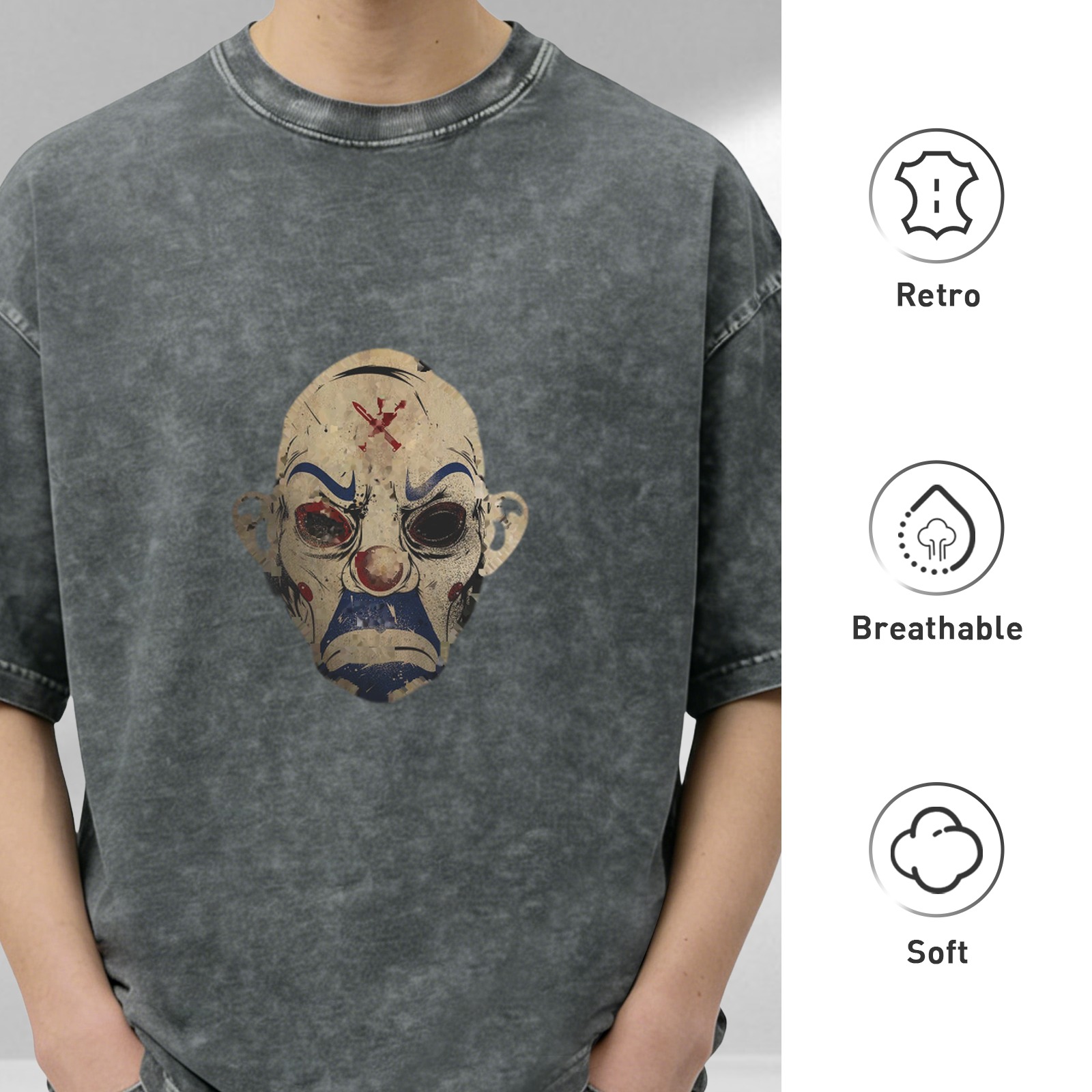 Distressed washed black loose short-sleeved T-shirt Scary clown mask printed trendy top