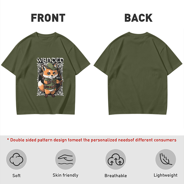Olive green t-shirt with cute fox archer 'WANTED' graphic