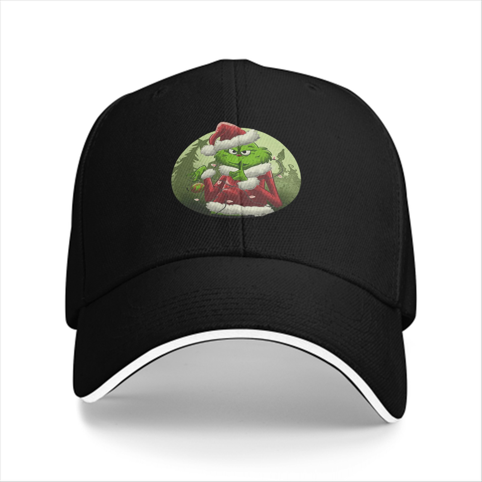 Black baseball cap with Grinch in Santa costume graphic