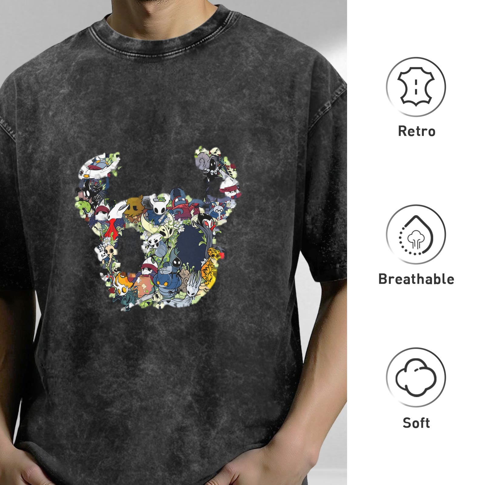 Oversized Washed Black T-Shirt With Hollow Knight Character Collage Graphic