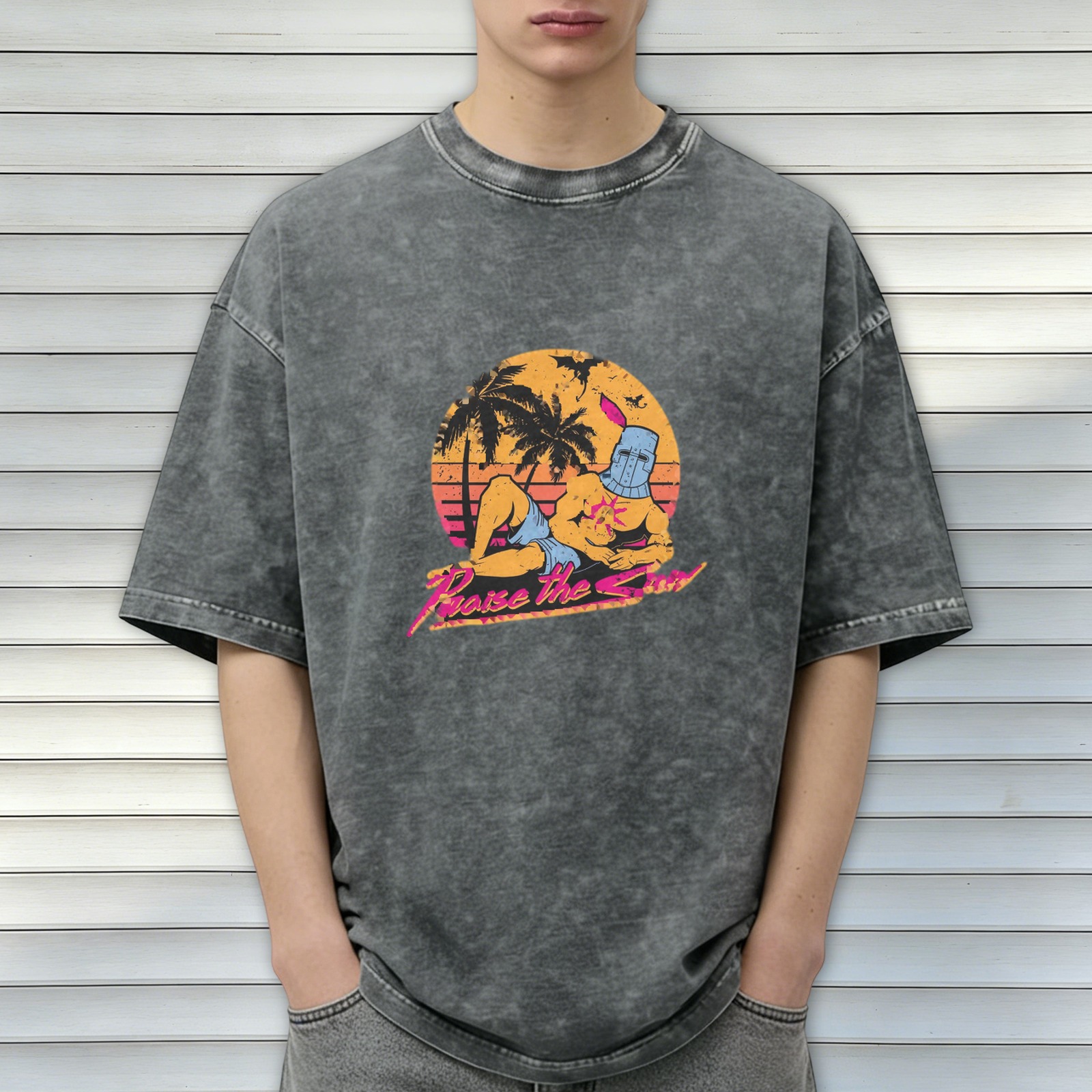 Vintage Acid Wash T-Shirt Praise The Sun Knight Sunset Graphic