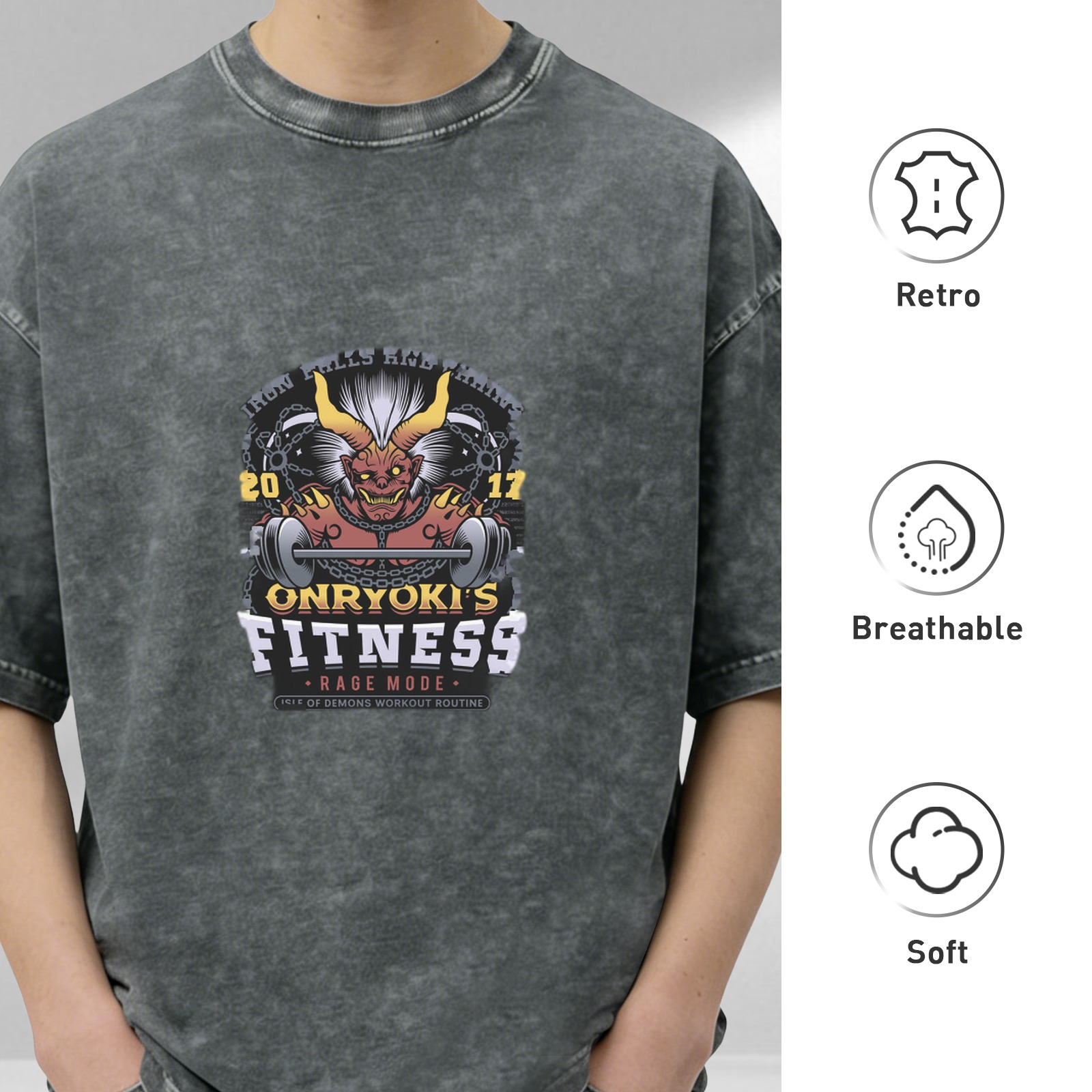 Oversized Acid Wash T-Shirt With Onryoki's Fitness Demon Print