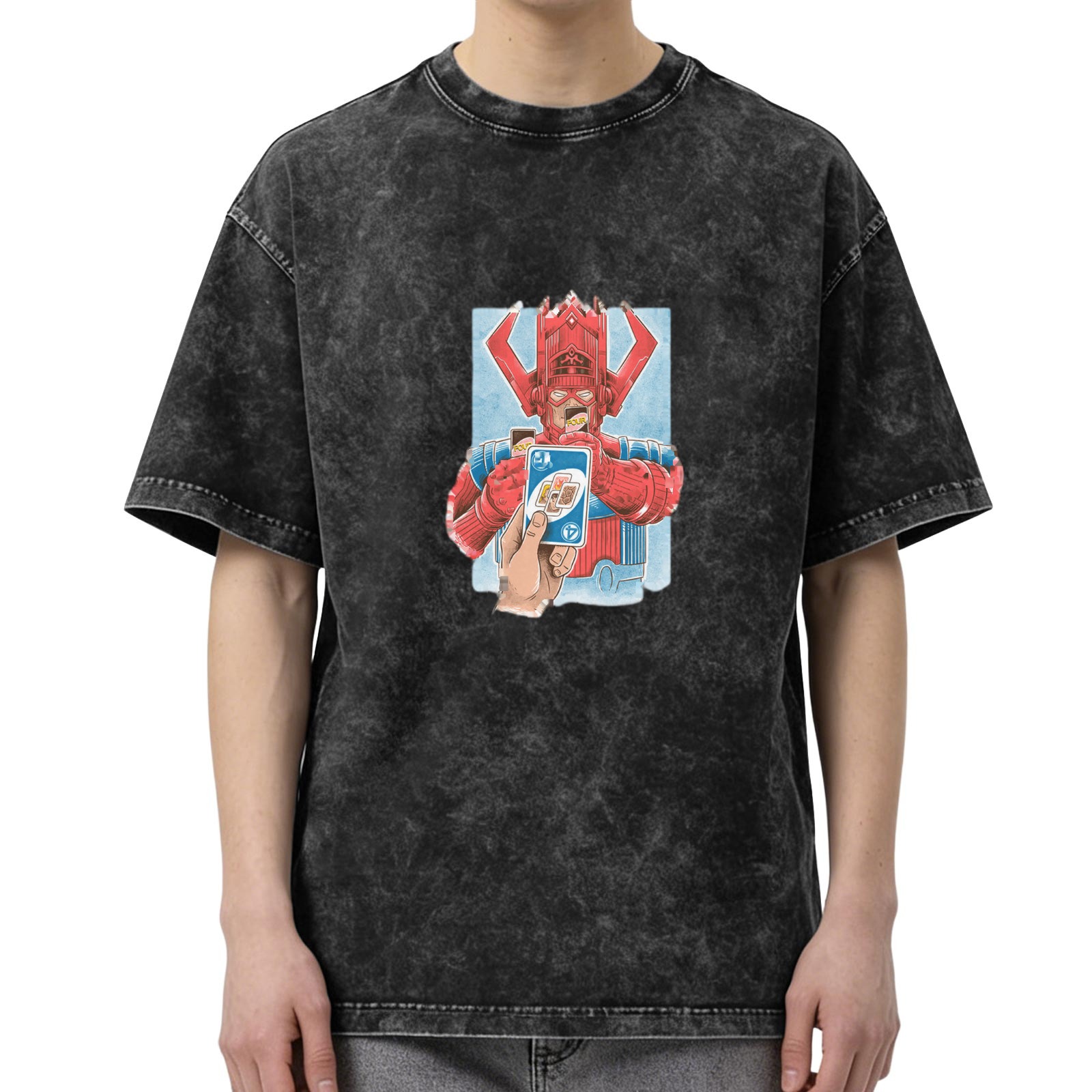 Galactus holding Uno card graphic on acid wash t-shirt