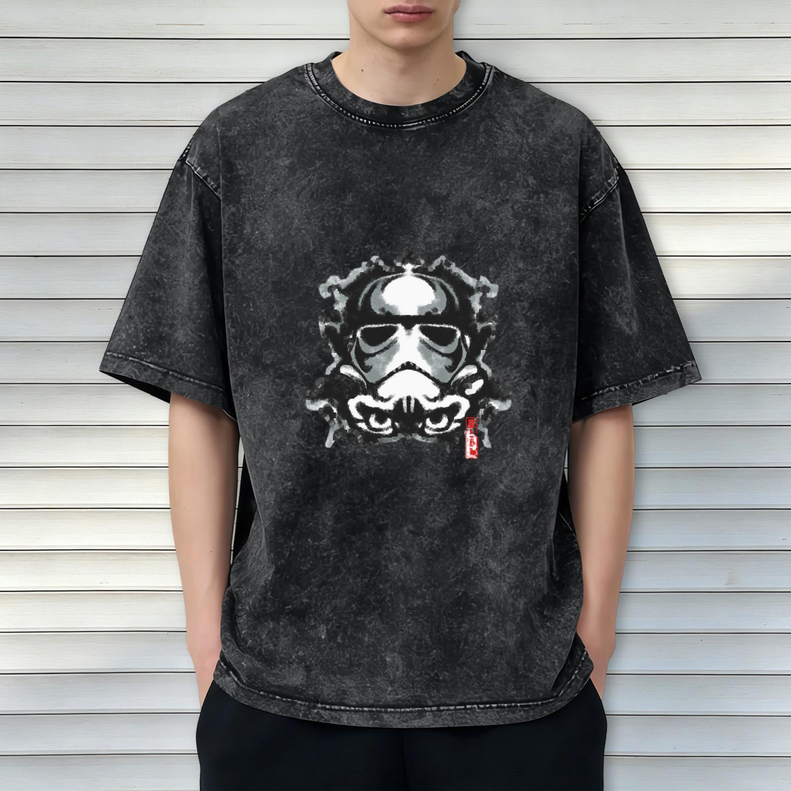 Washed Black T-Shirt with Samurai Stormtrooper Graphic Print