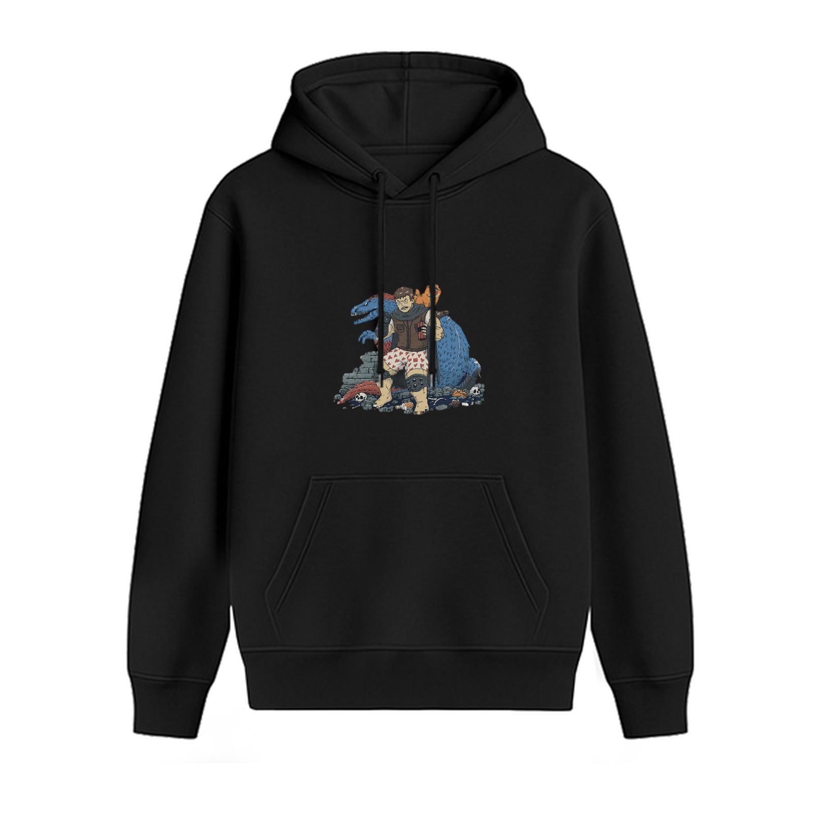 Black Hoodie With Quirky Dinosaur And Character Graphic Print