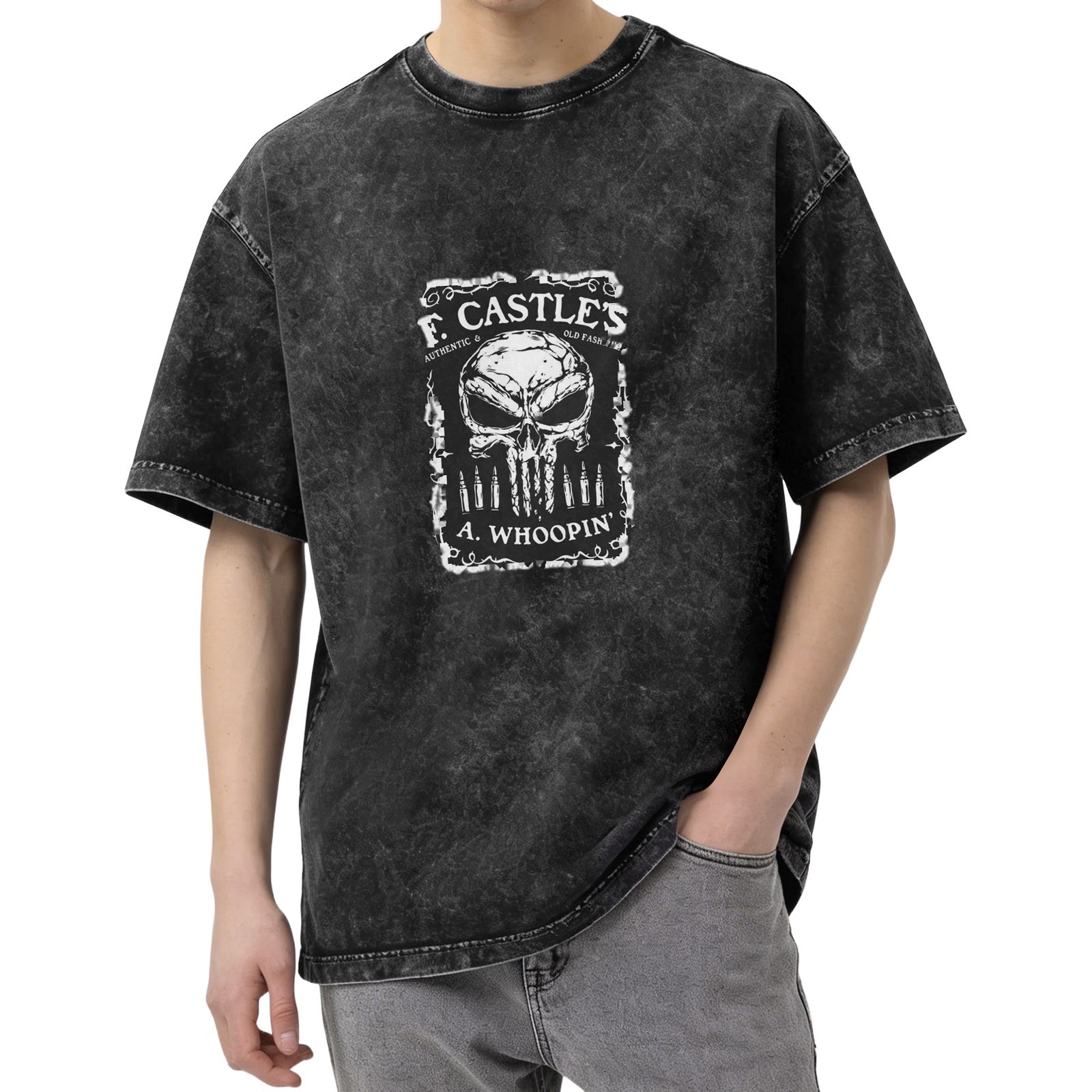 F. Castle's A. Whoopin' Skull Graphic Acid Wash T-Shirt
