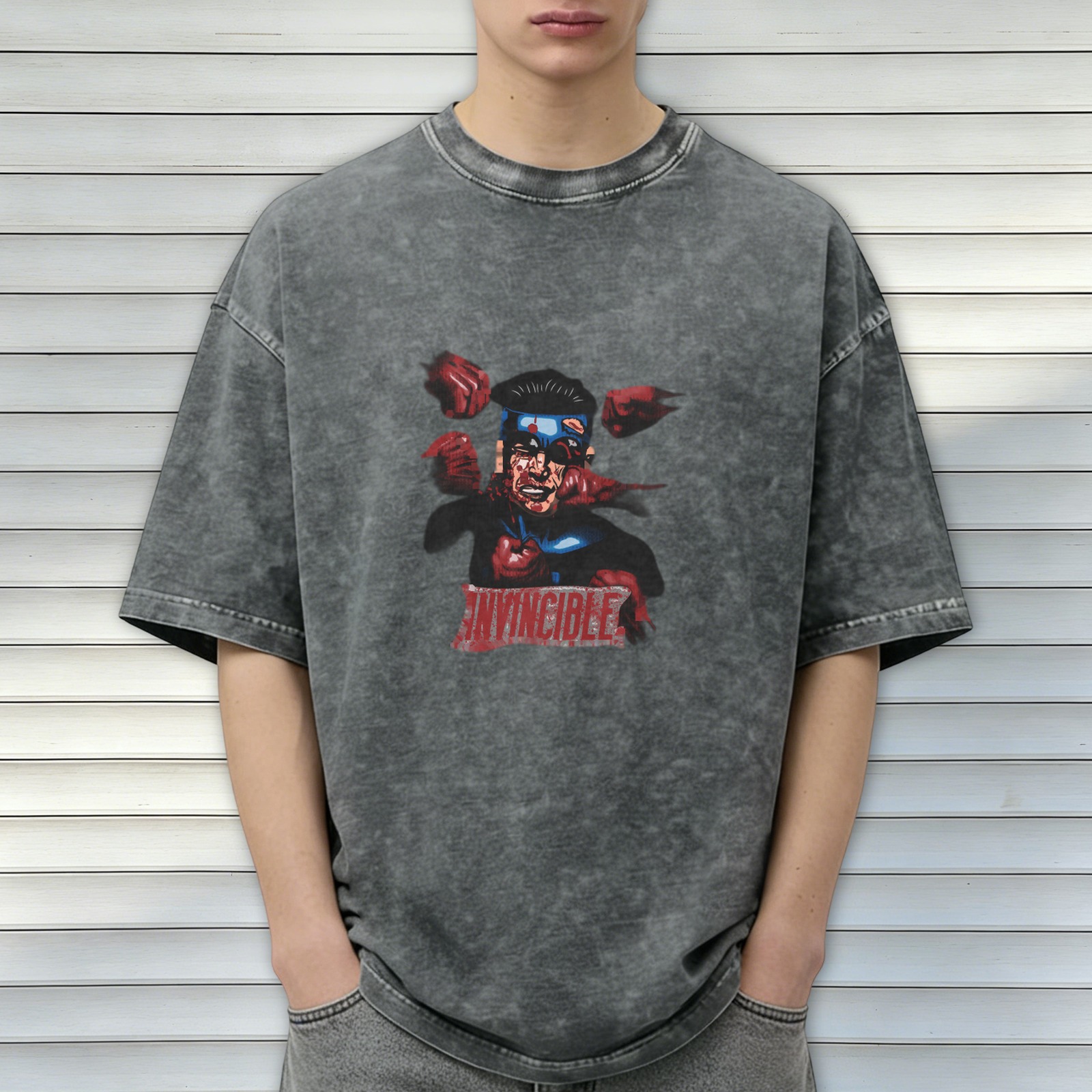 Washed Black T-Shirt With Invincible Superhero Graphic Print