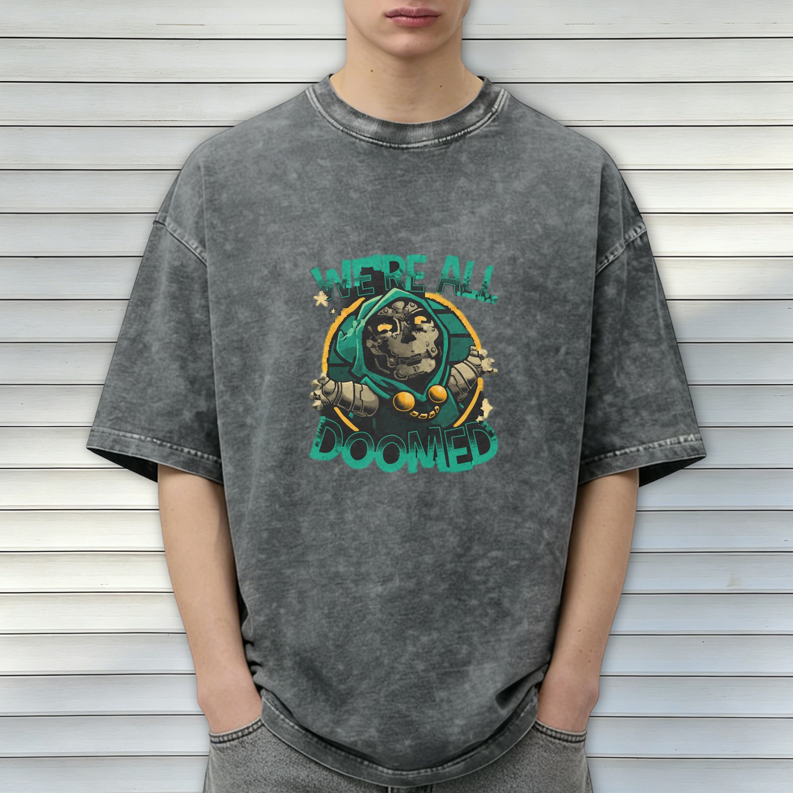 Retro washed black loose short-sleeved T-shirt Marvel Doctor Doom themed print 'WE'RE ALL DOOMED' graphic top
