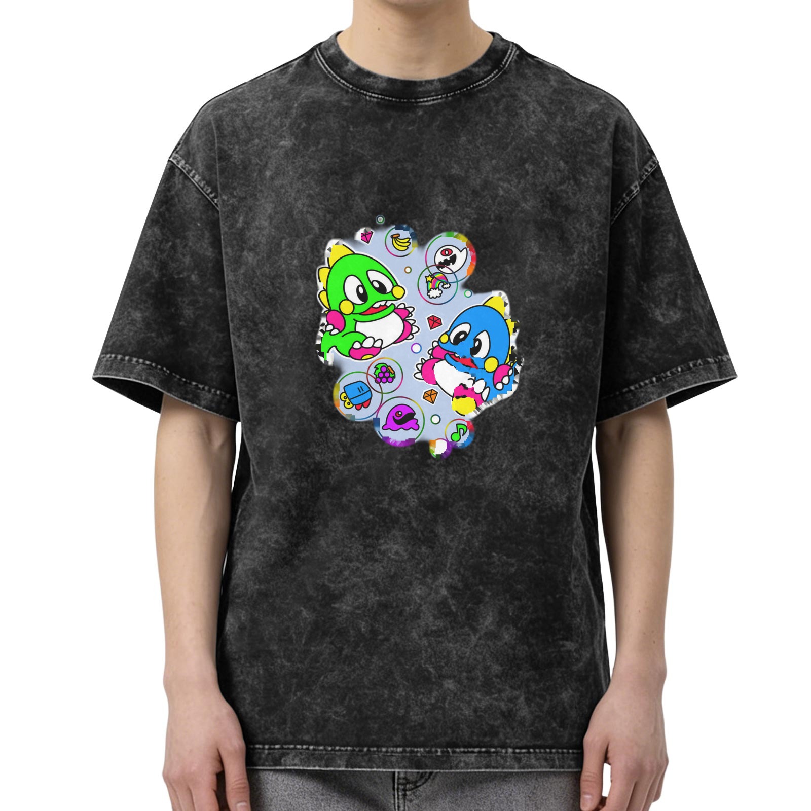 Retro Bubble Bobble Characters Graphic on Acid Wash Black T-Shirt