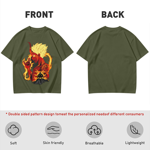 Oni Demon Flame Graphic Olive Green Casual T-Shirt