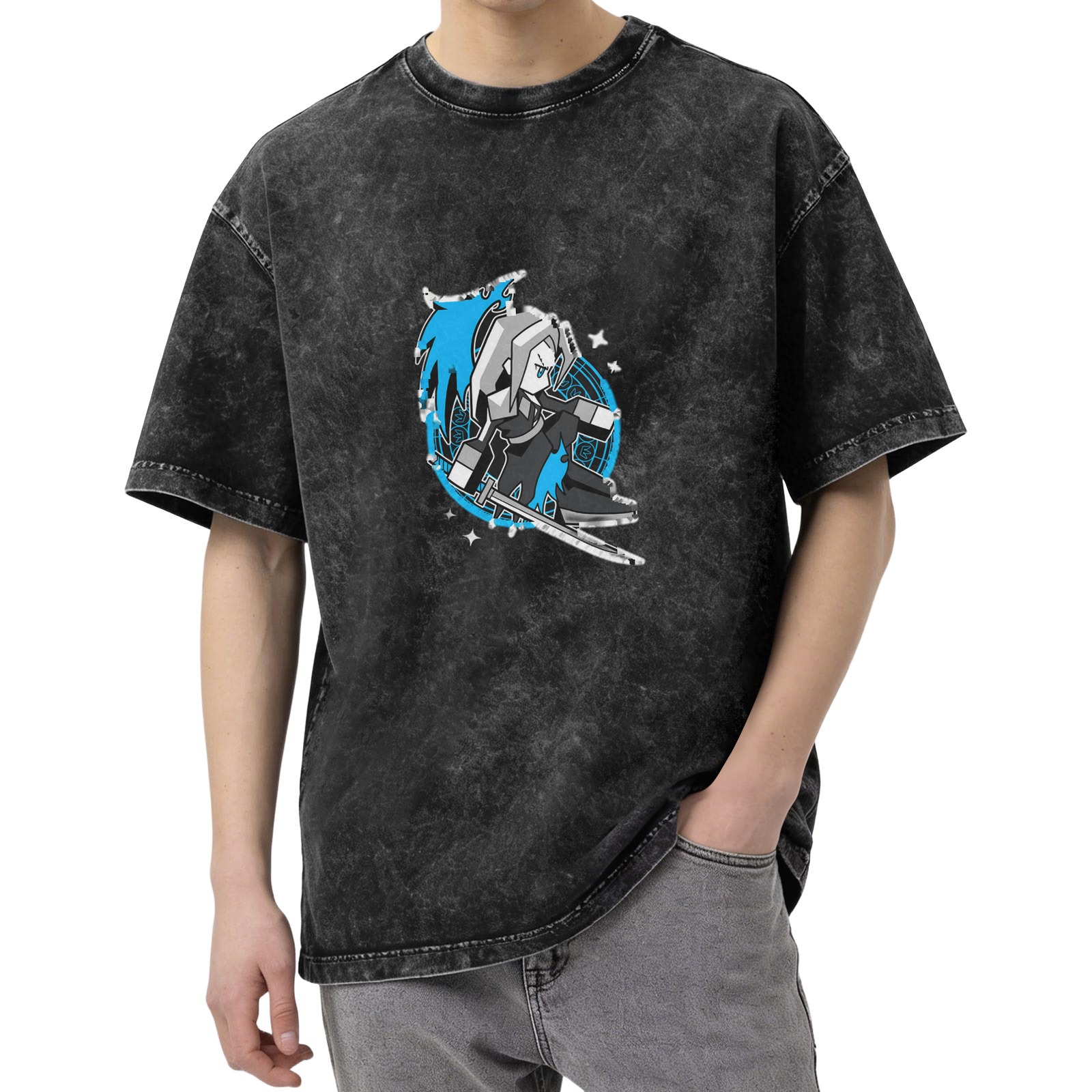 Oversized Dark Wash T-Shirt With Chibi Fantasy Villain Print