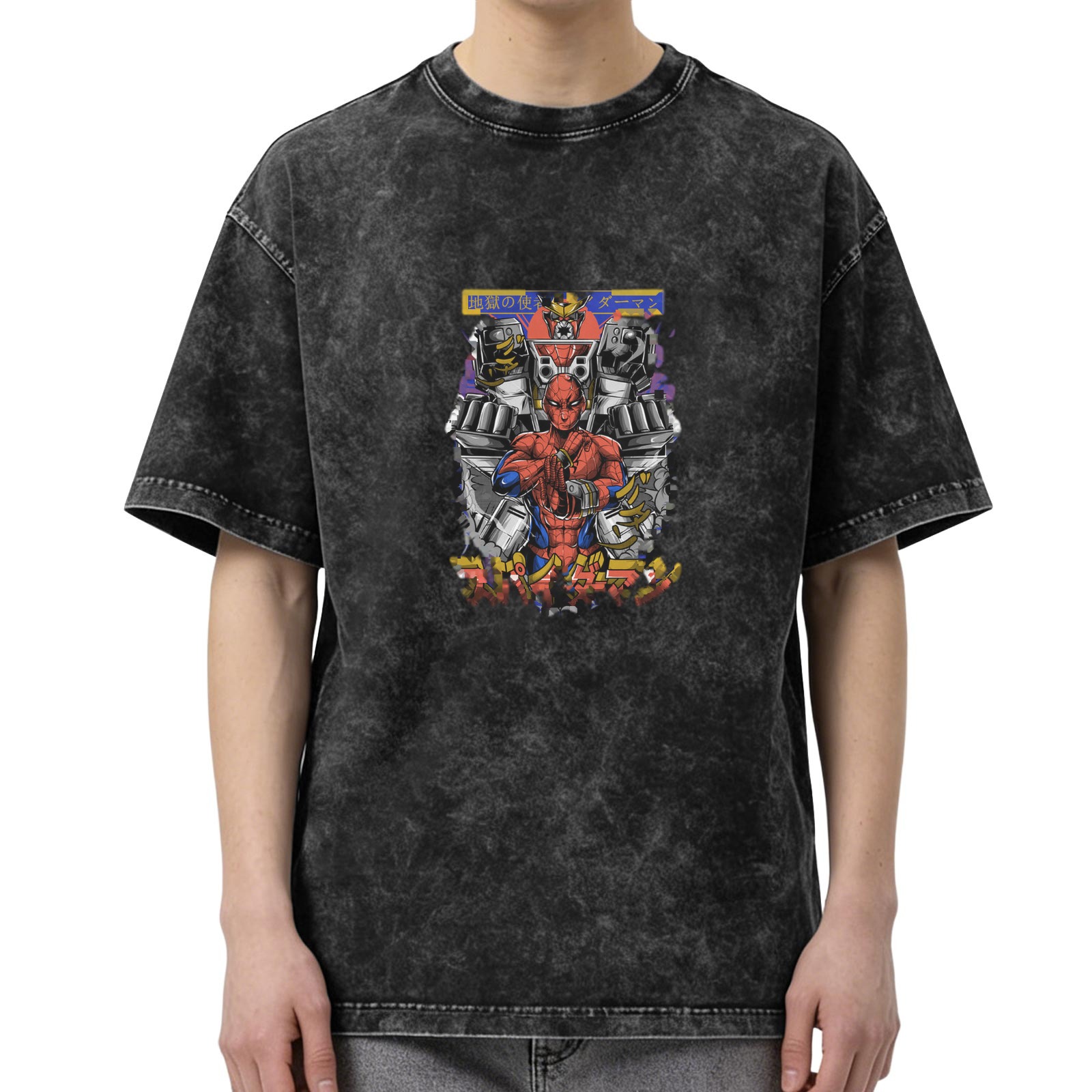 Oversized Acid Wash T-Shirt with Anime Spider Mecha Graphic