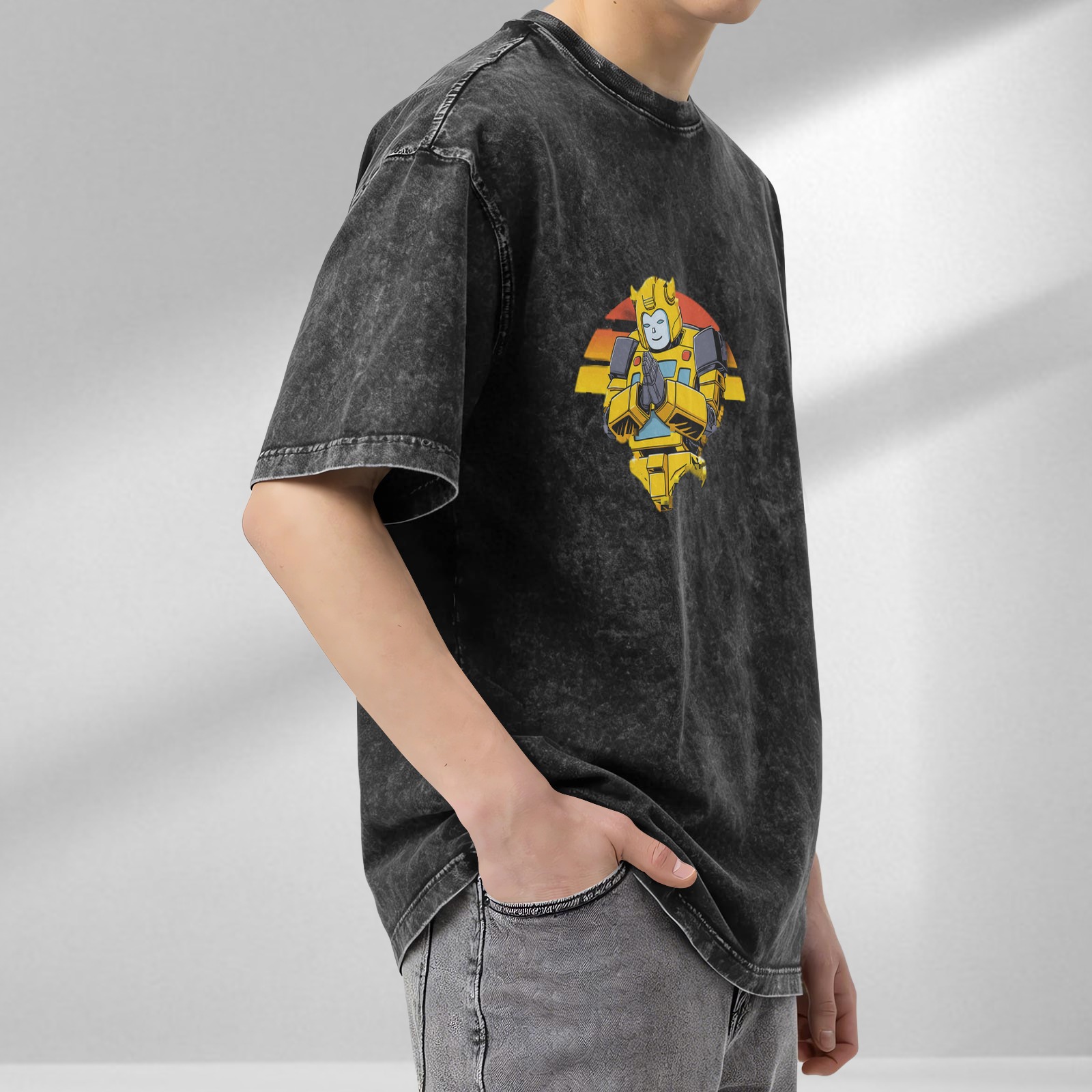 Oversized Acid Wash T-Shirt With Meditating Bumblebee Graphic