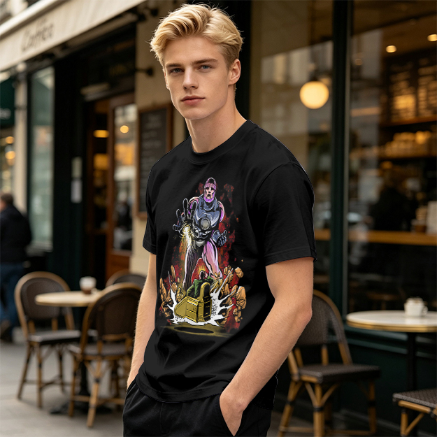 Olive T-shirt with Robot Villain and Tank Action Graphic