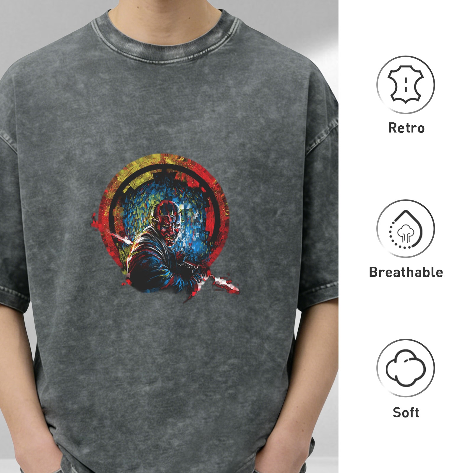 Oversized Acid Wash T-Shirt With Samurai Warrior Graphic