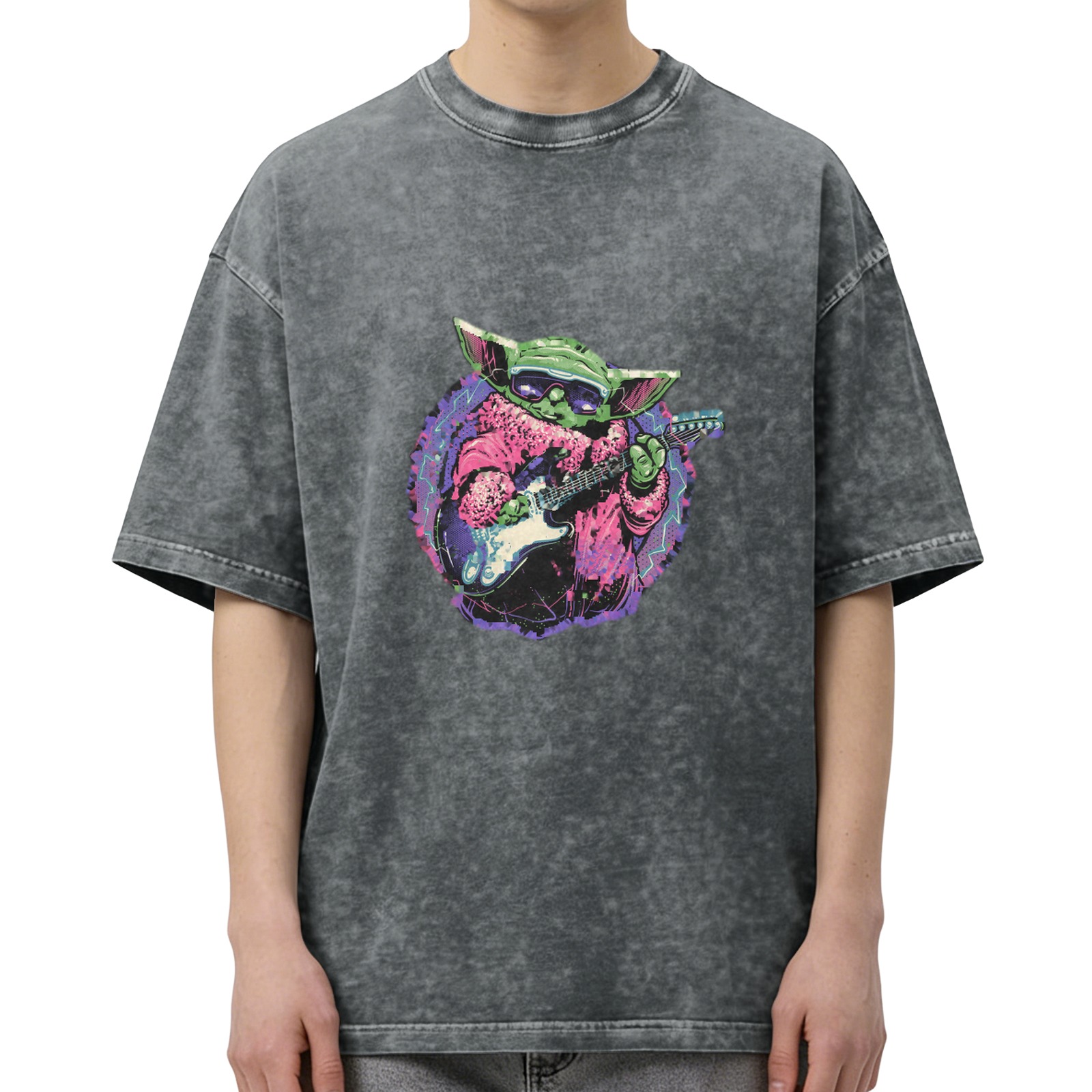 Oversized Acid Wash T-Shirt With Cool Grogu Playing Electric Guitar