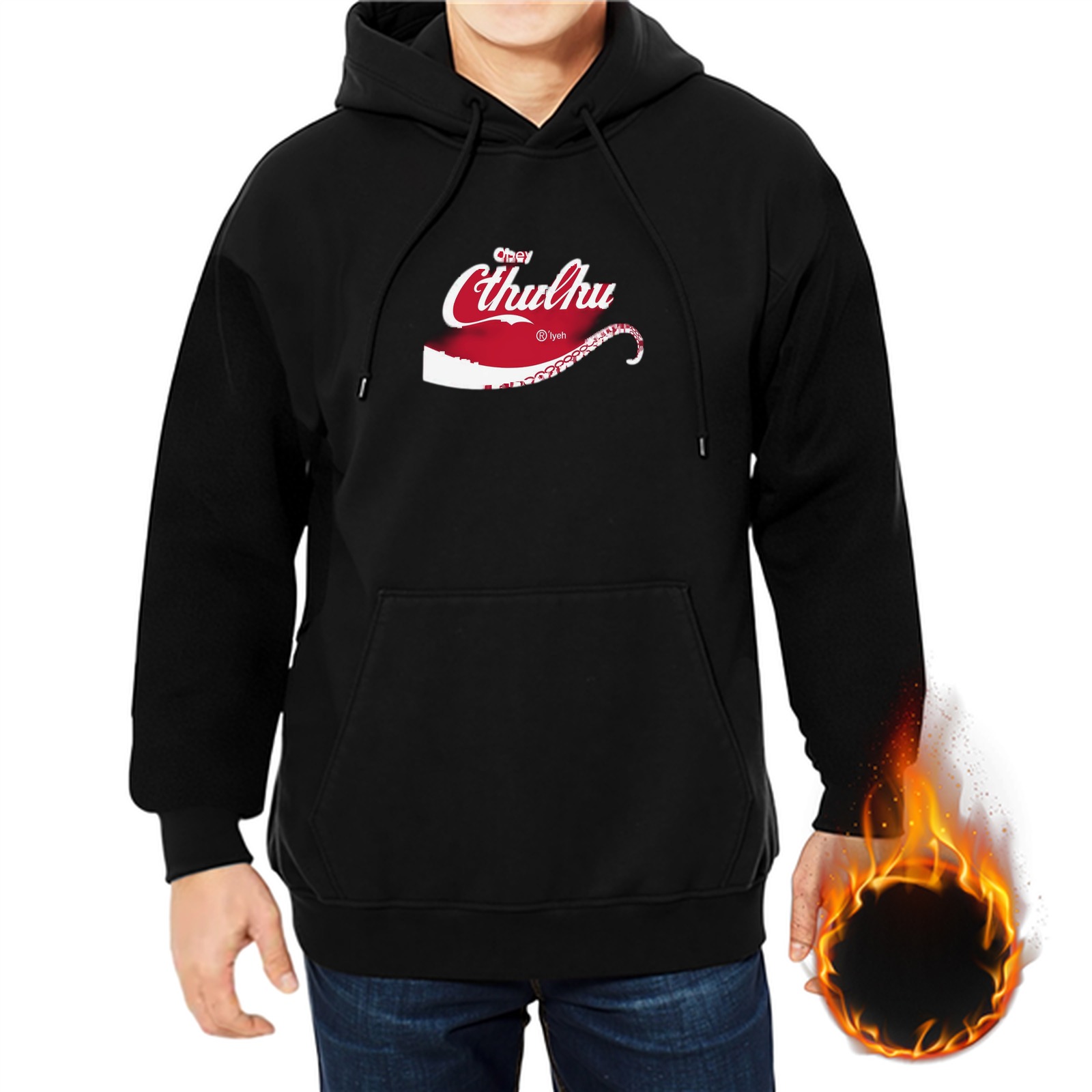 Black hoodie with Cthulhu themed retro soda style graphic