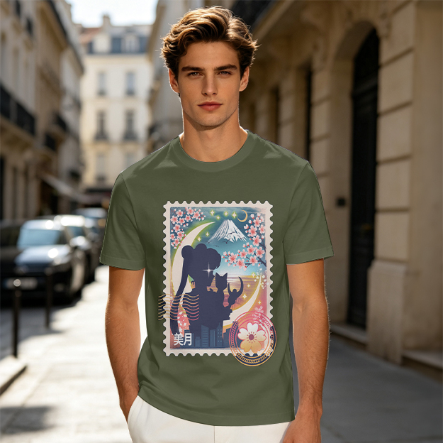 Olive T-shirt with Japanese stamp-style anime graphic print