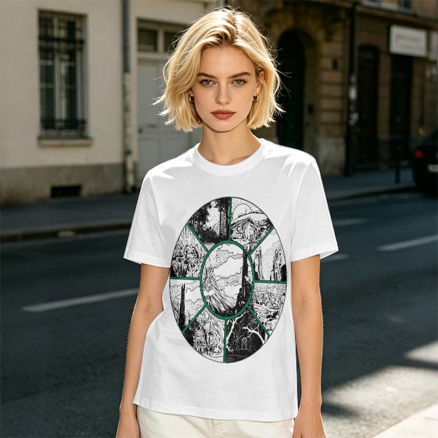 Olive Green T-Shirt With Circular Fantasy Landscape Art Print