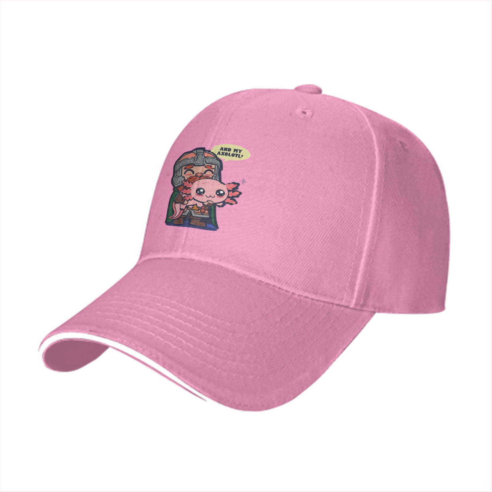 Black baseball cap with dwarf holding axolotl graphic