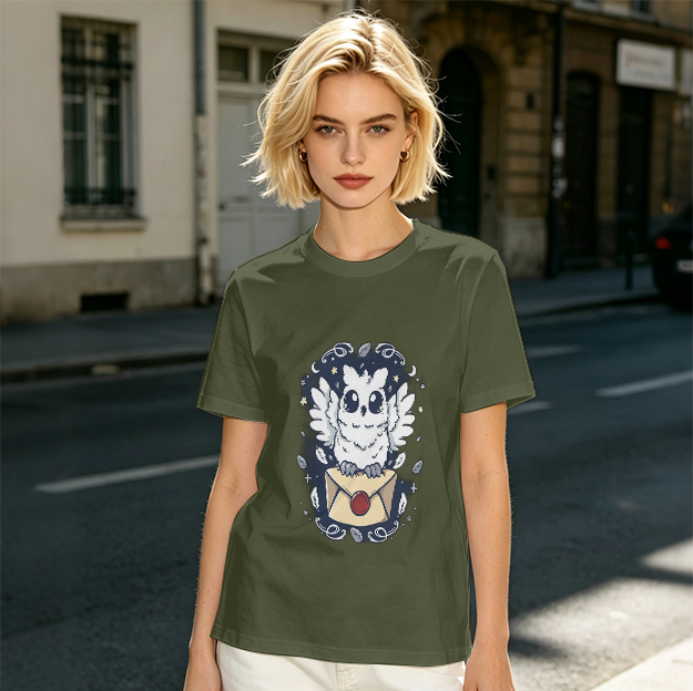 Owl with Envelope and Celestial Details Graphic T-Shirt