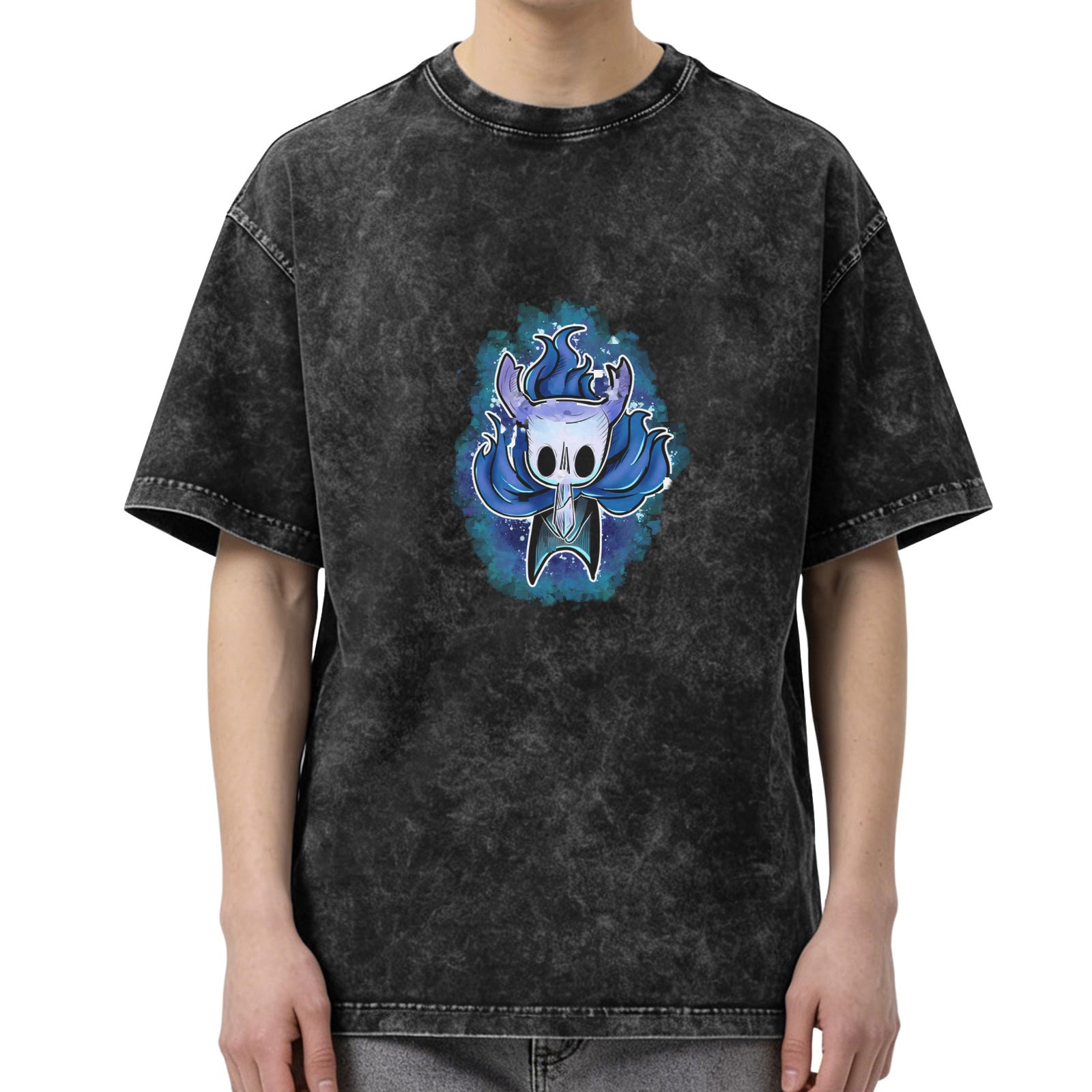 Oversized Dark Wash T-Shirt With Hollow Knight Themed Artwork