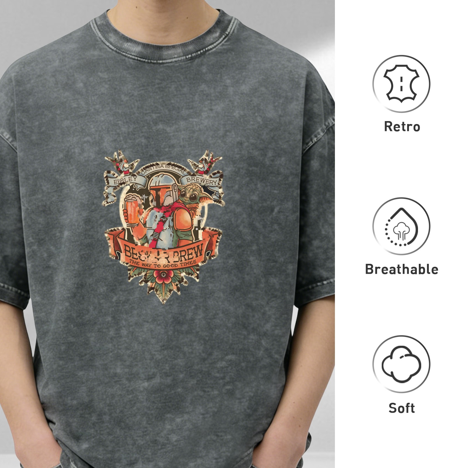 Washed Black Graphic T-Shirt with Mandalorian Beer Brew Design