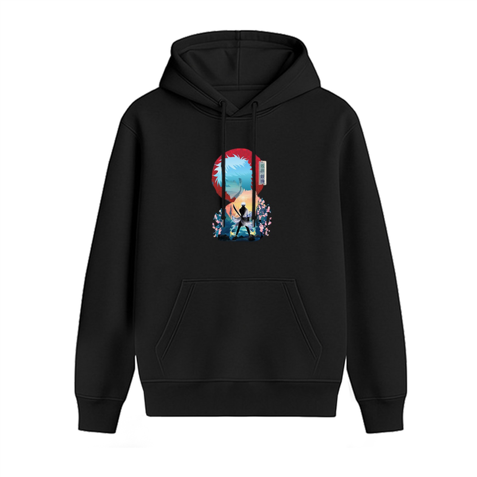 Black Hoodie With Anime Samurai Sunset Cherry Blossom Art