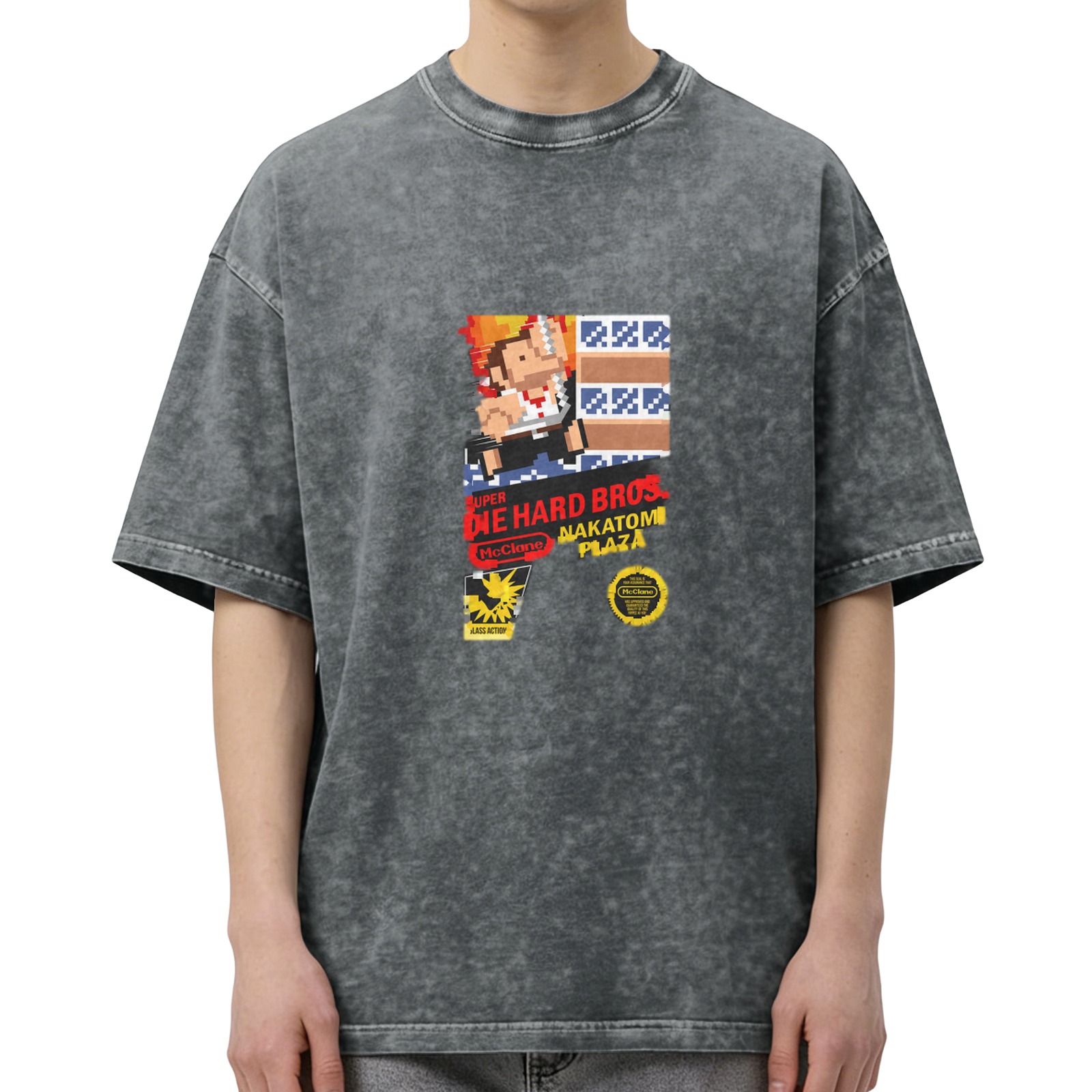 Super Die Hard Bros Nakatomi Plaza Pixel Art Acid Wash T-Shirt