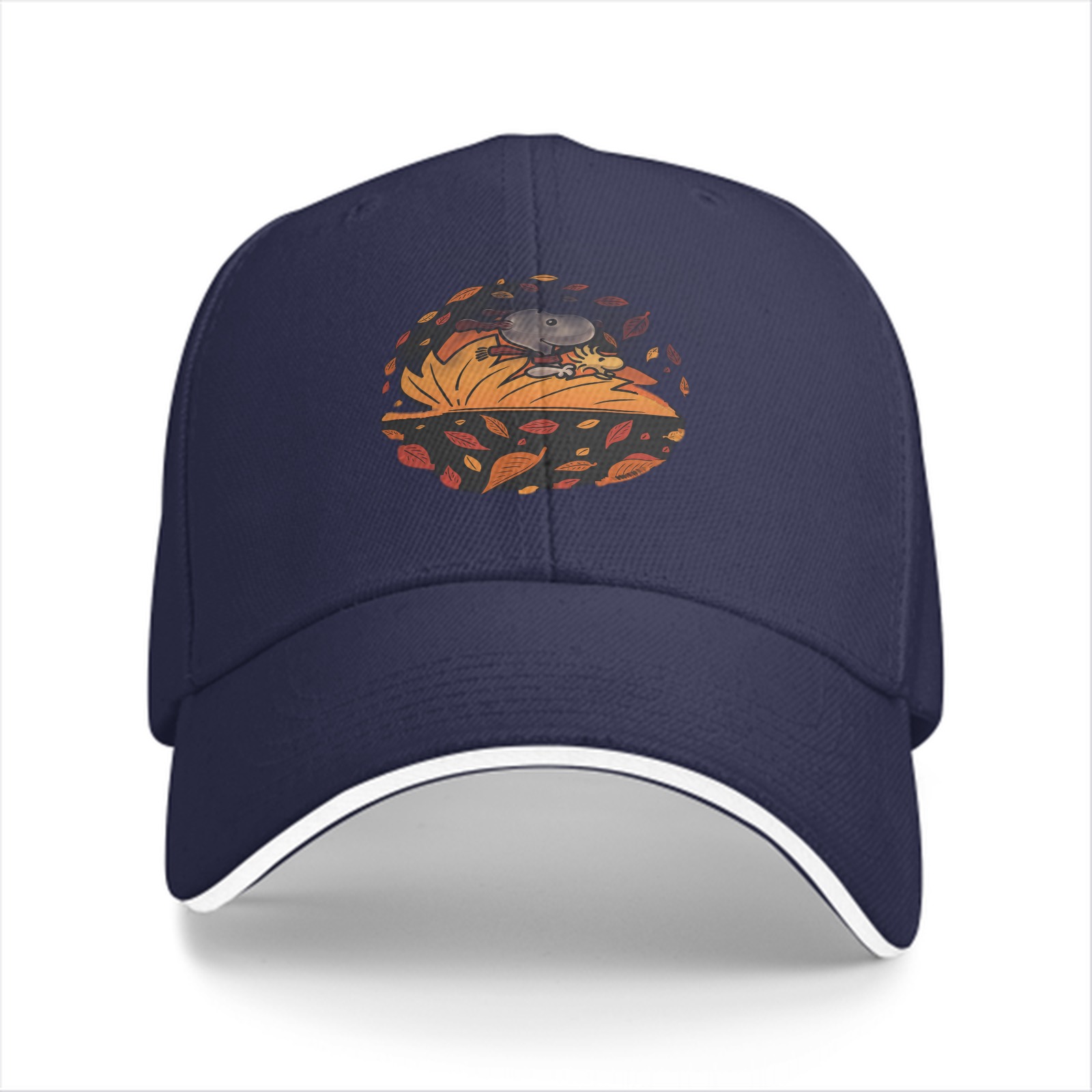 Black baseball cap with autumn leaf and character graphic
