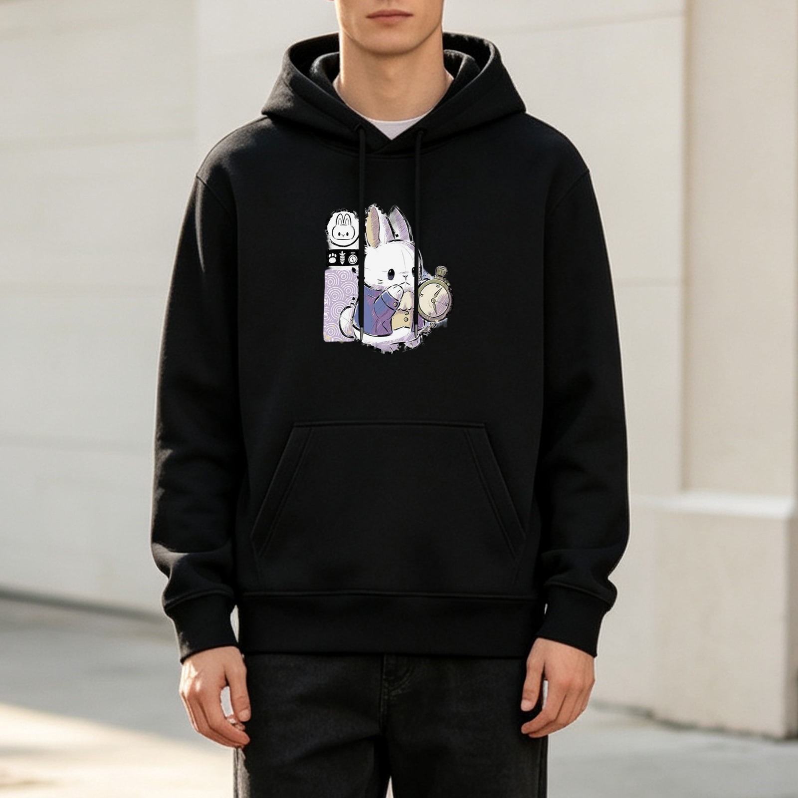 Black Hoodie With White Rabbit Holding Pocket Watch Graphic
