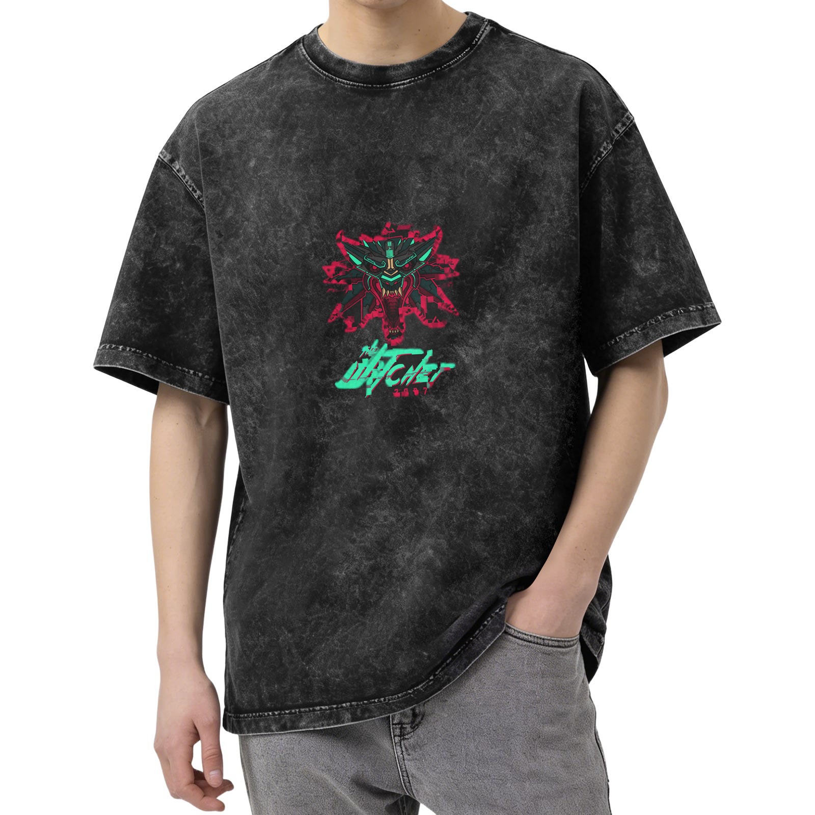 Cyberpunk Witcher Wolf Emblem Acid Wash T-shirt