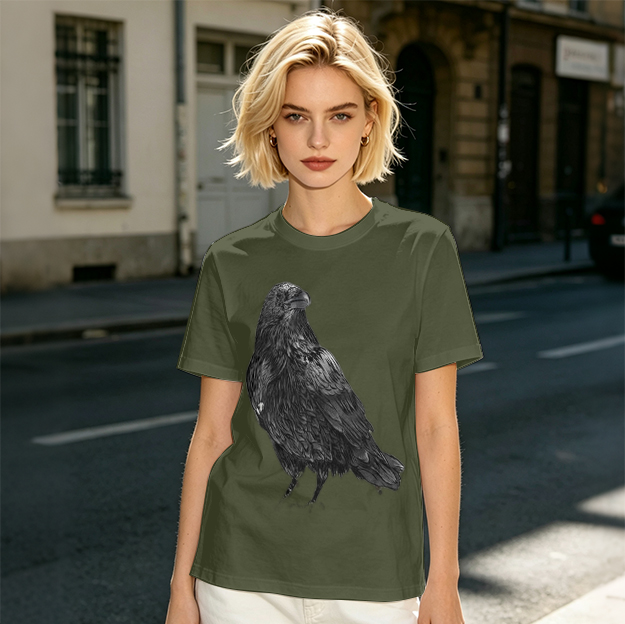 Olive Green T-Shirt With Detailed Raven Graphic Print