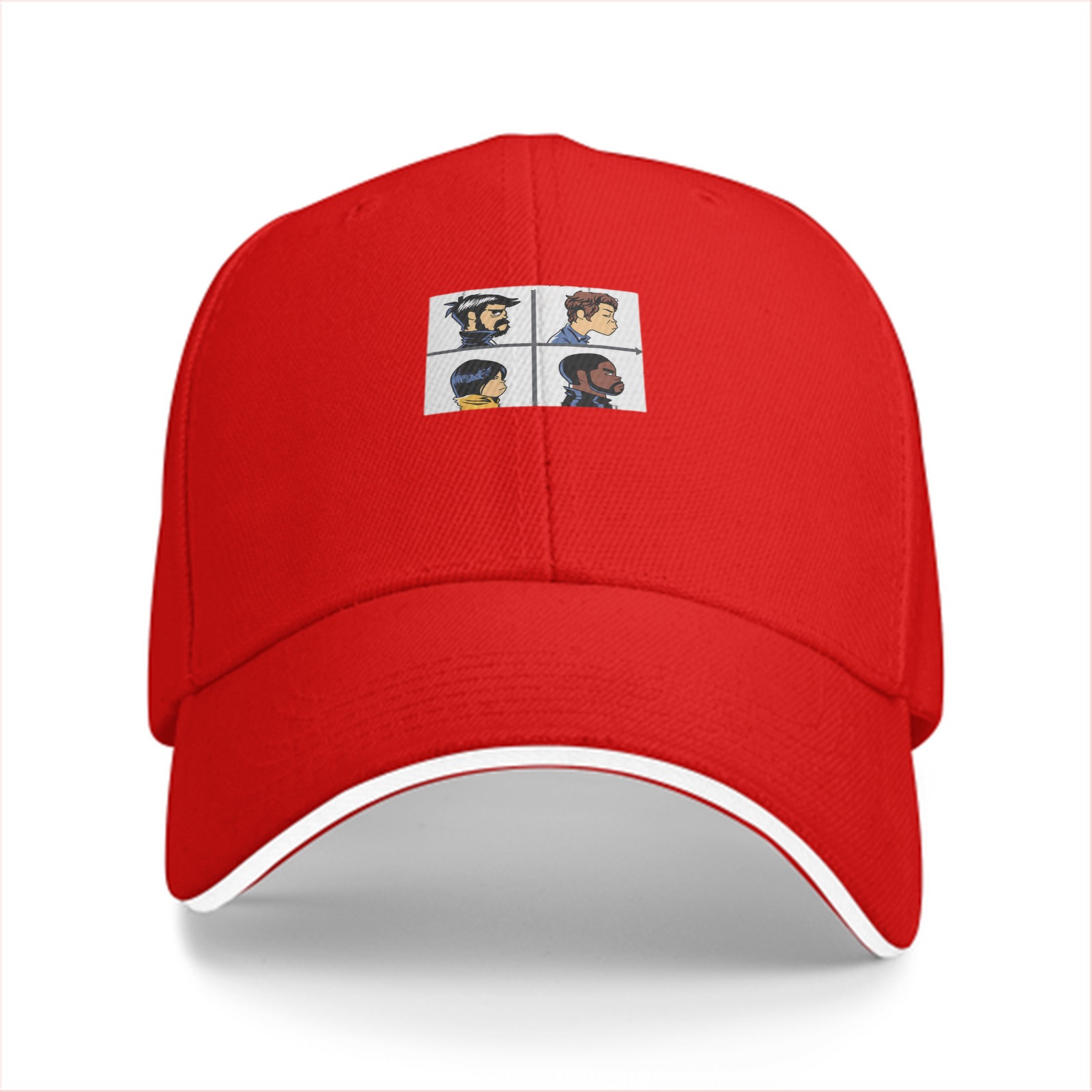 Black Baseball Cap With Four Character Profile Print Design