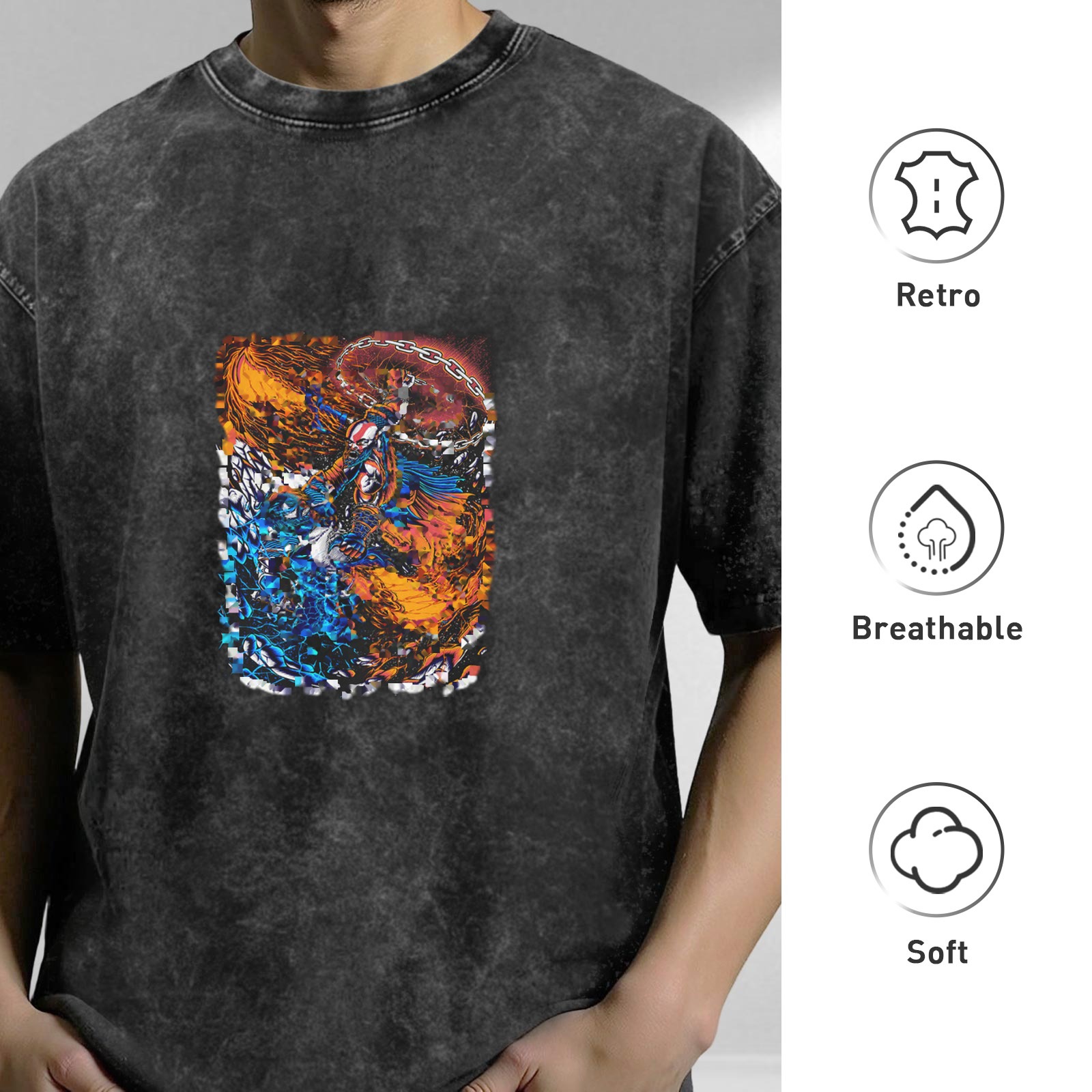 Oversized Acid Wash Graphic T-Shirt with Fire and Water Art Print