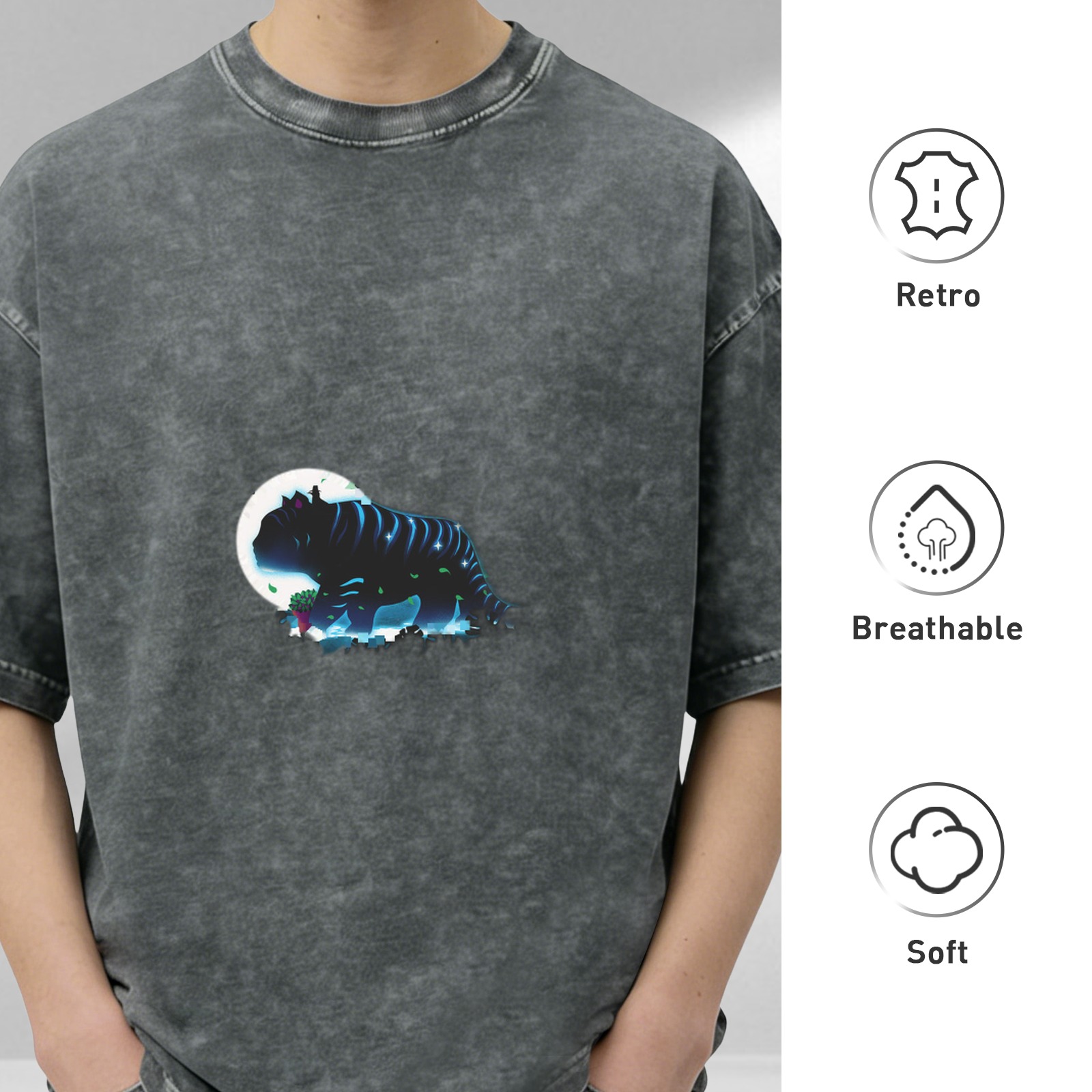 Oversized Dark Wash T-Shirt With Glowing Fantasy Creature Print