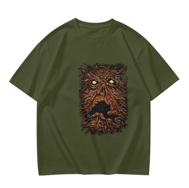 Olive Green T-Shirt with Spooky Tree Monster Face Print
