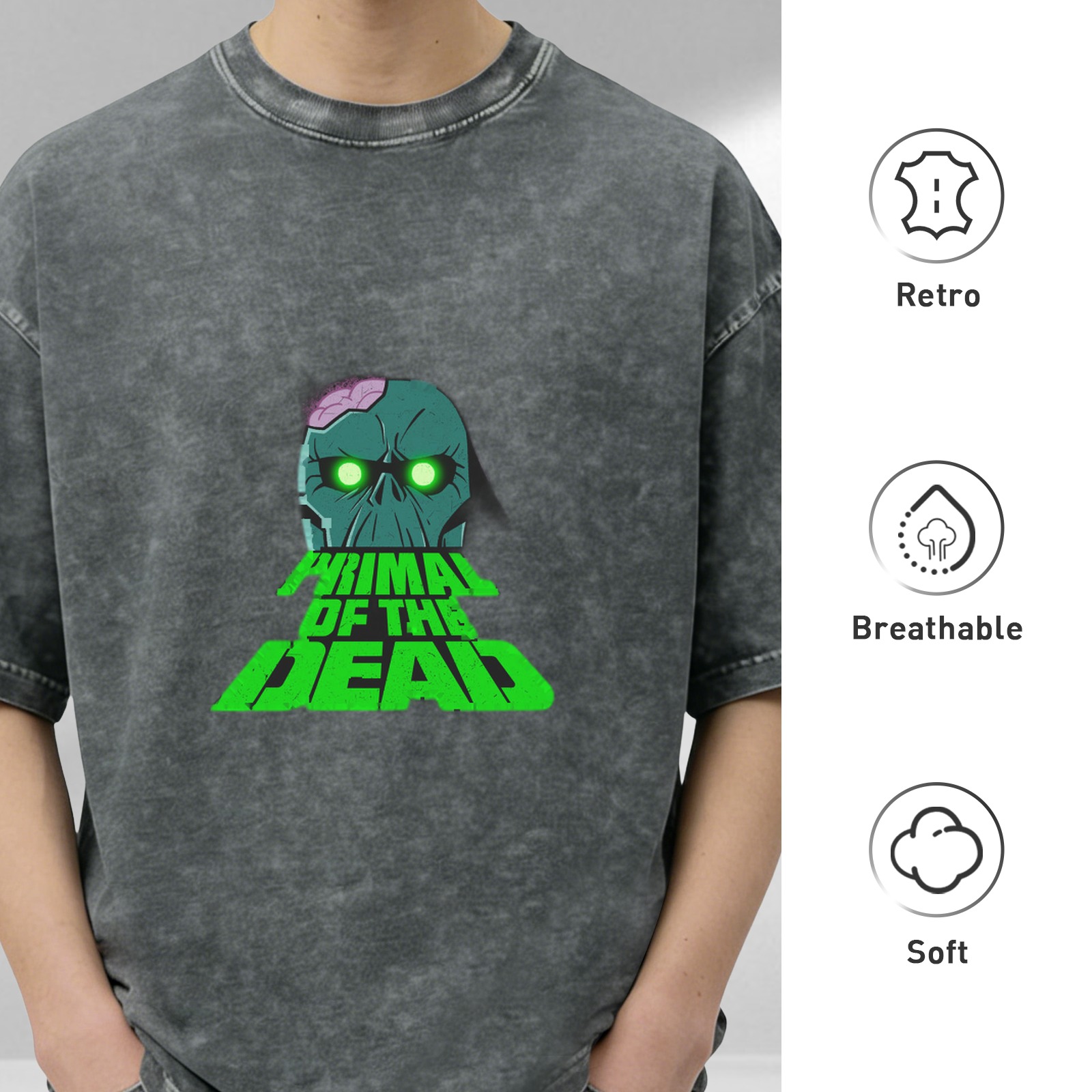 acid wash black t-shirt with primal of the dead zombie skull graphic