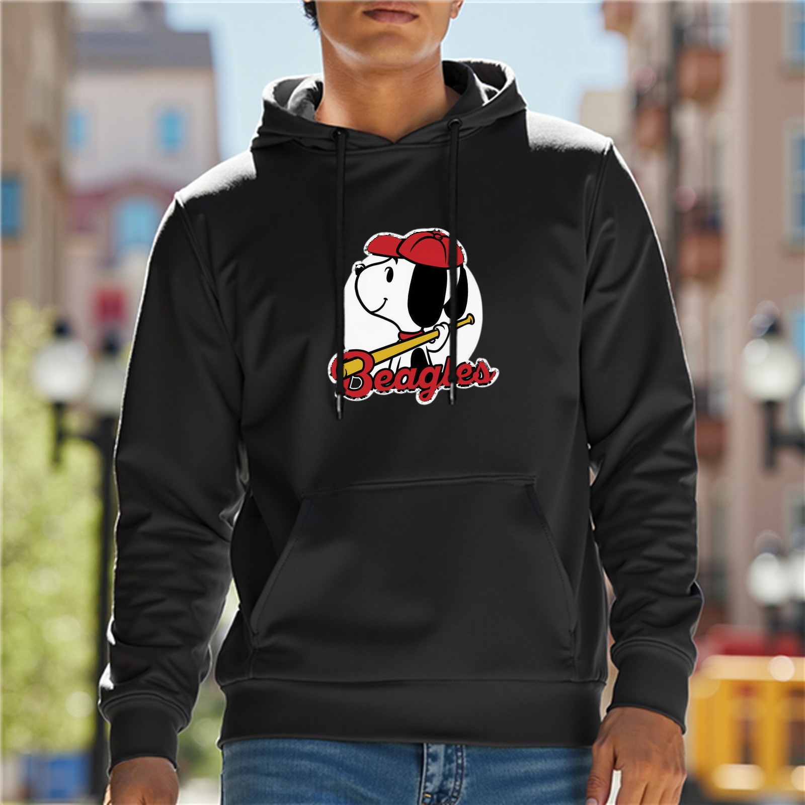 Black hoodie with Snoopy Beagles baseball graphic