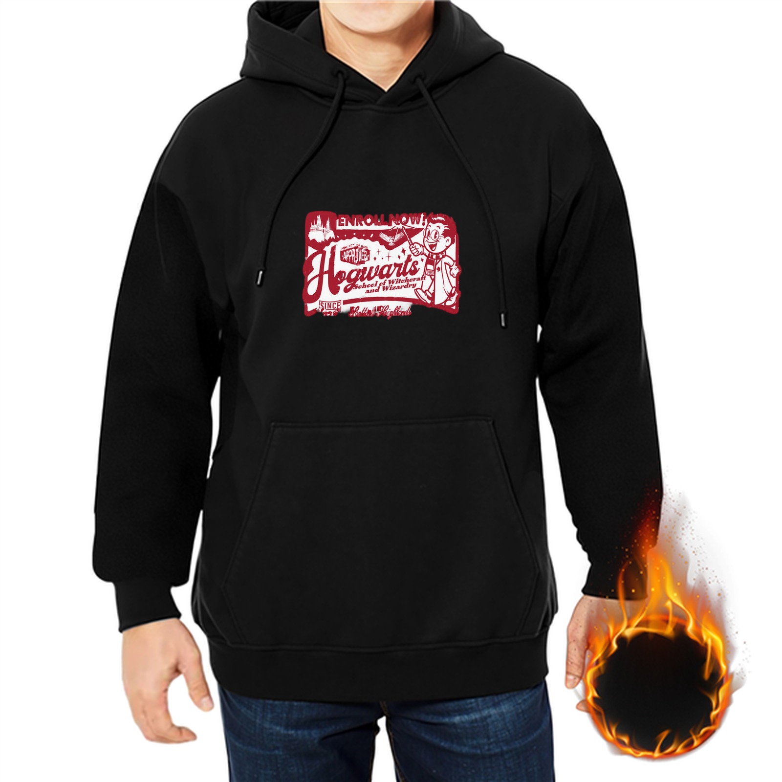 Black hoodie with Hogwarts themed graphic print