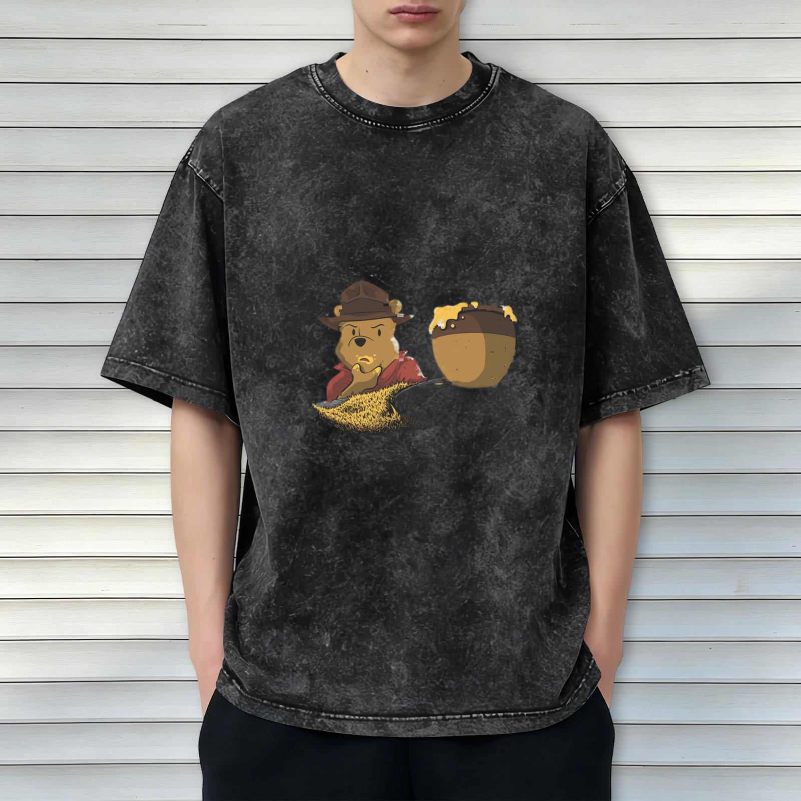 Winnie the Pooh Honey Pot Graphic Acid Wash Black T-Shirt