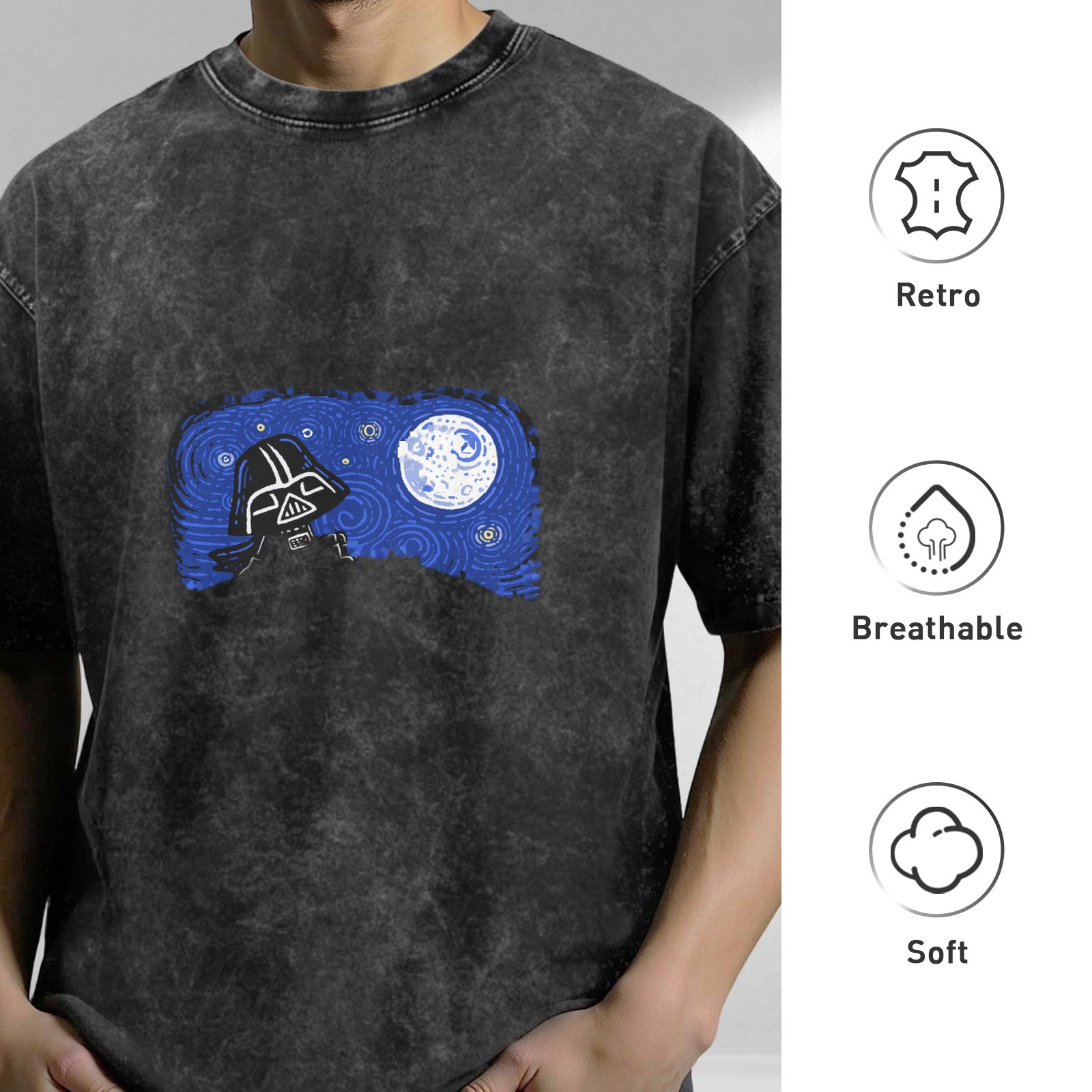 Washed black t-shirt with Darth Vader and Death Star graphic