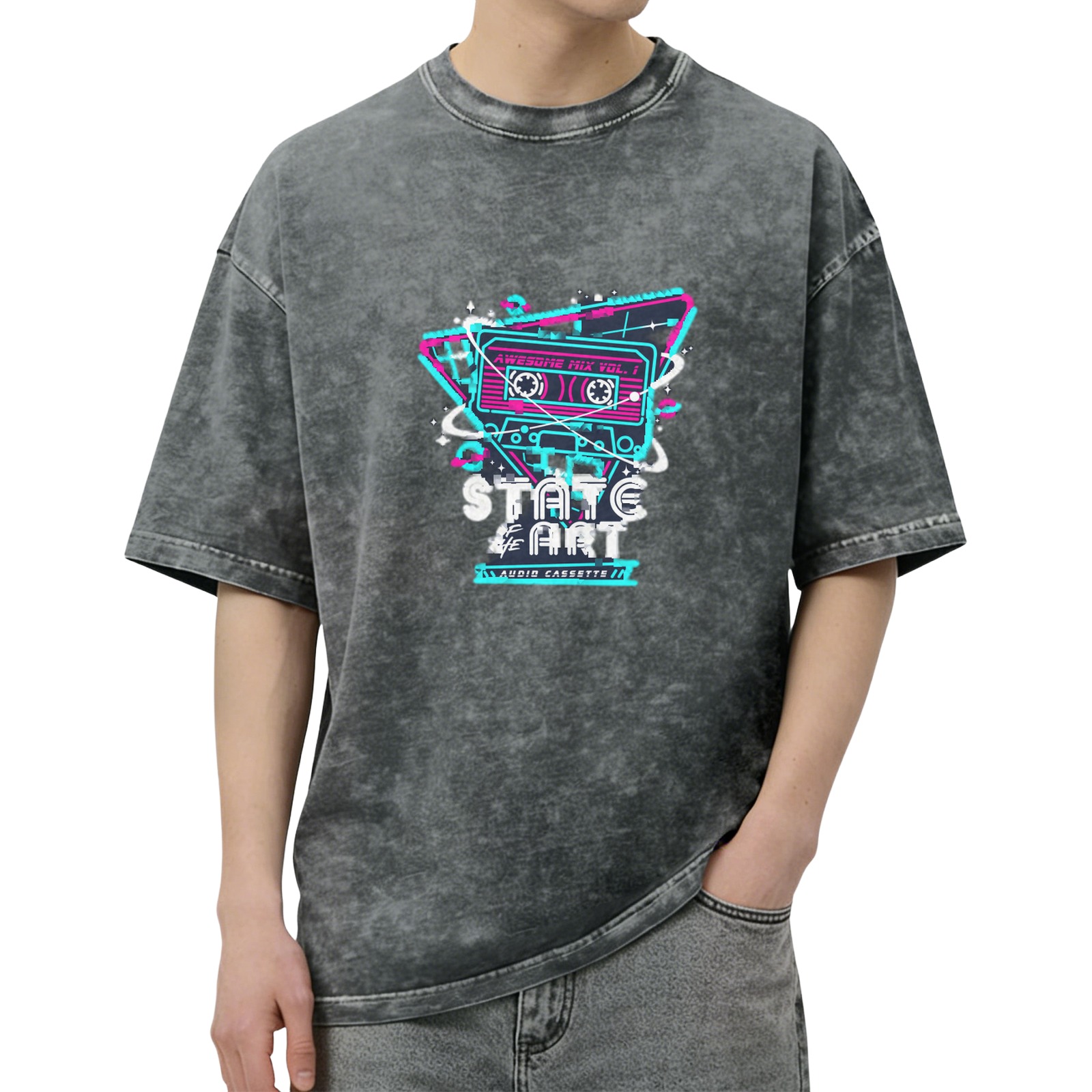 Oversized Acid Wash T-Shirt with Retro 80s Cassette Graphic
