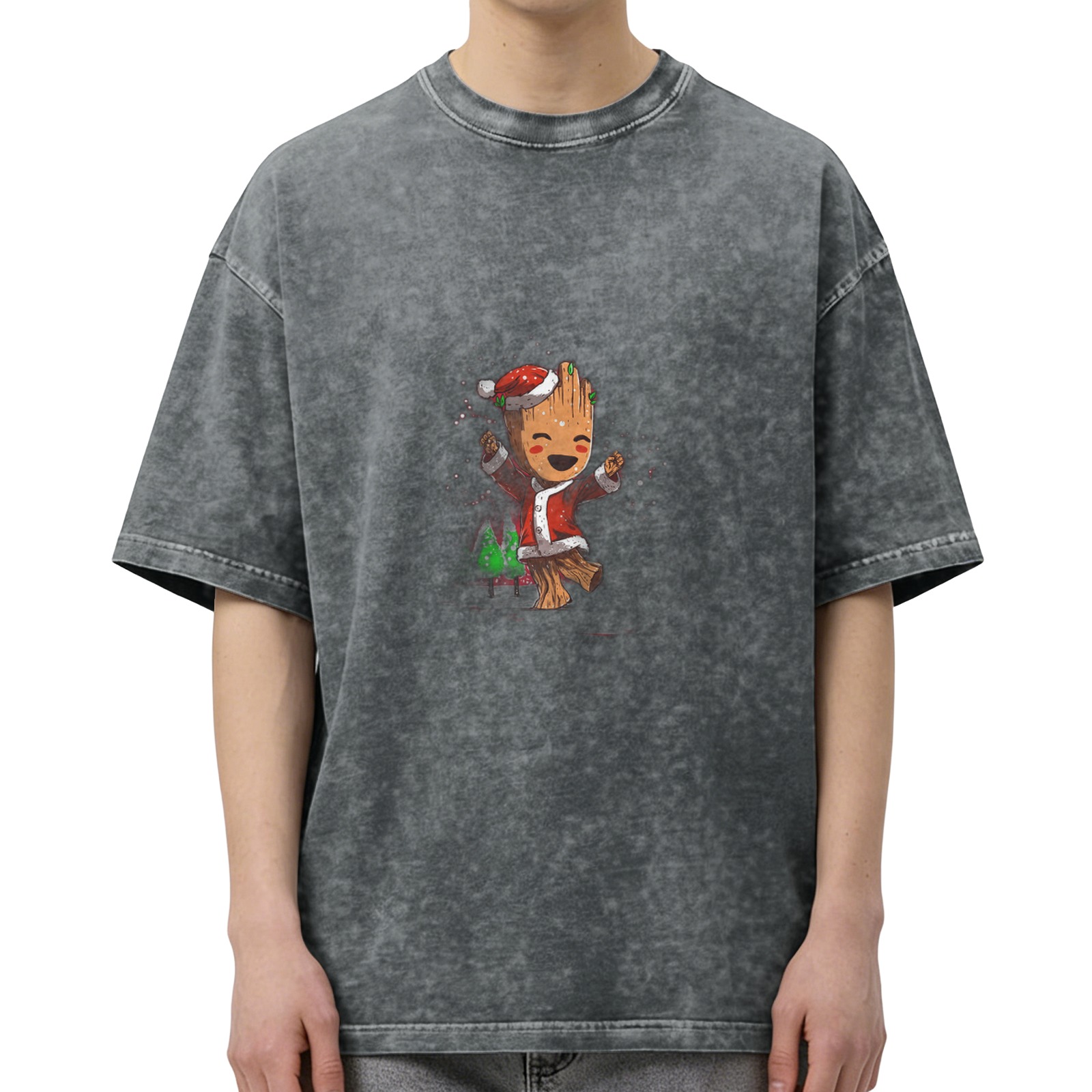 Washed Black T-Shirt with Dancing Christmas Baby Groot Graphic