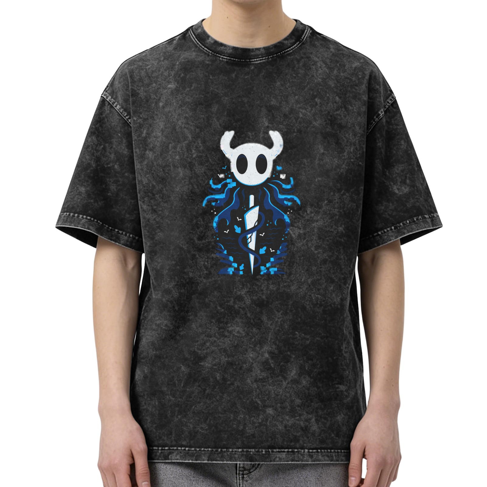 Hollow Knight themed distressed washed black short-sleeved T-shirt and game peripheral printed loose top