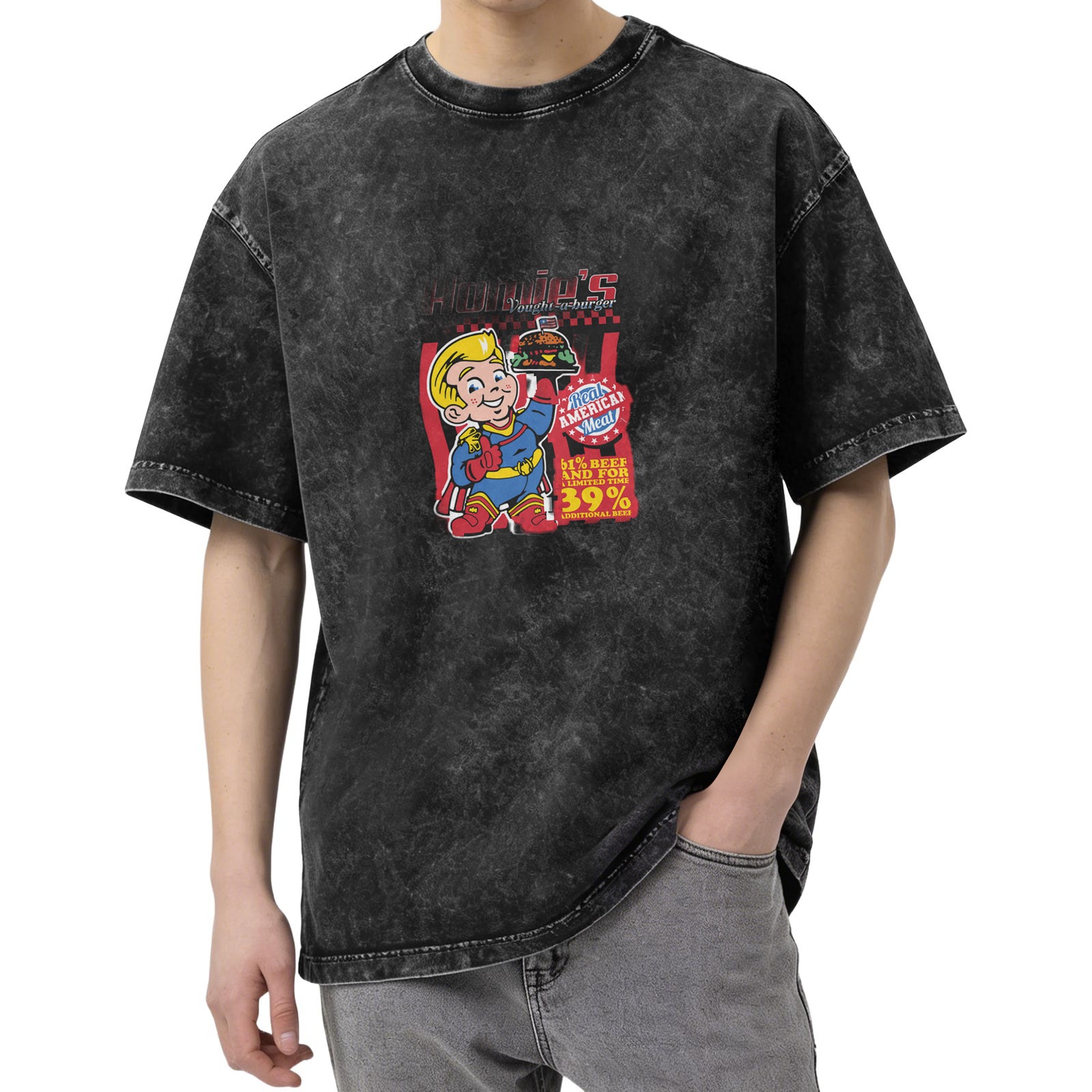 Vintage Acid Wash T-Shirt With Retro Fast Food Superhero Print