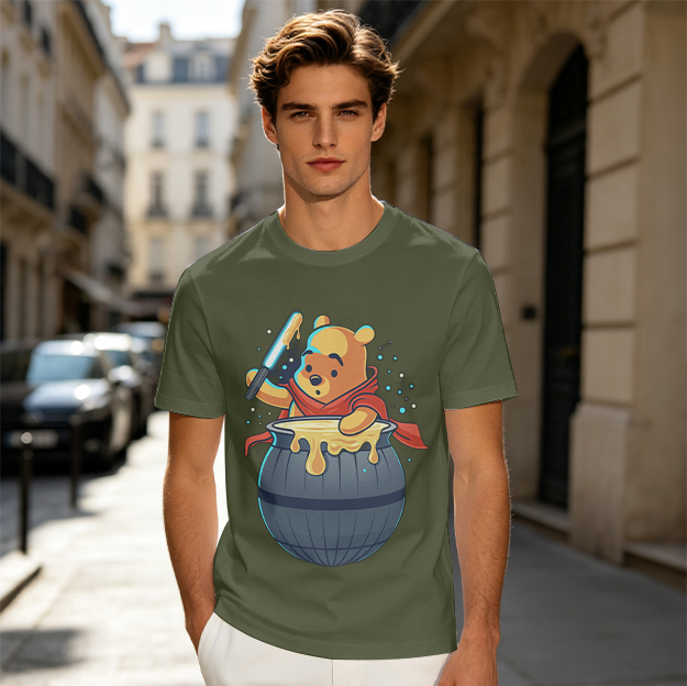 Winnie the Pooh with lightsaber in honey pot graphic t-shirt